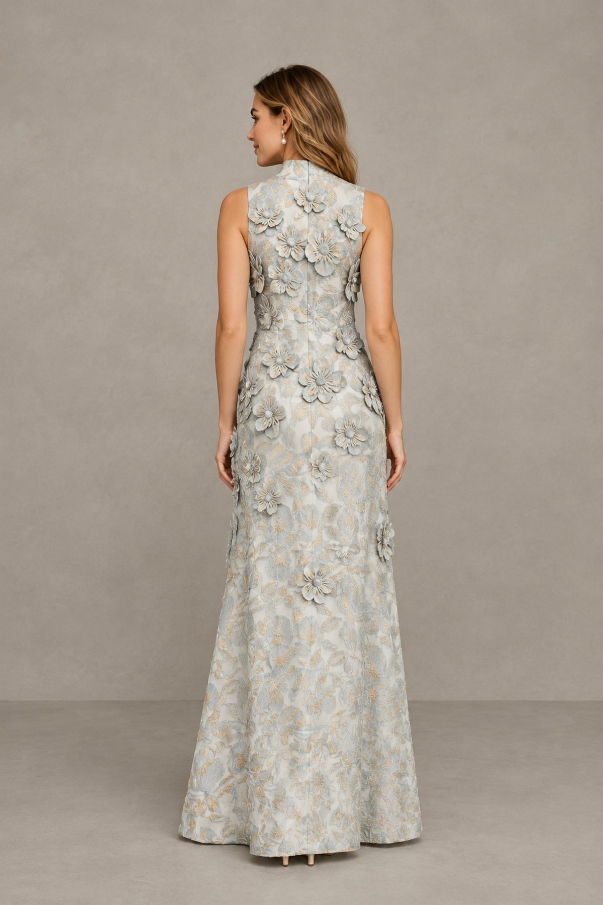 BOLODOO Dusty Blue High Neck Sleeveless 3D Floral Evening Gown - Dusty Blue