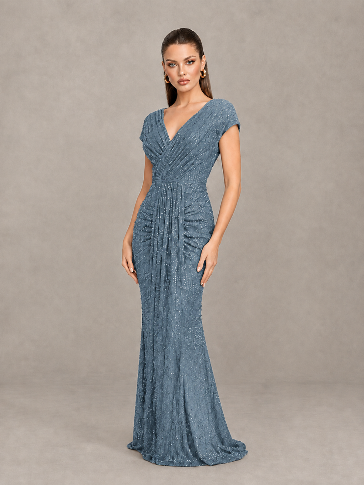 BOLODOO Dusty Blue Glitter V-Neck Cap Sleeve Ruched Mermaid Evening Gown - Dusty Blue - Dusty Blue_3