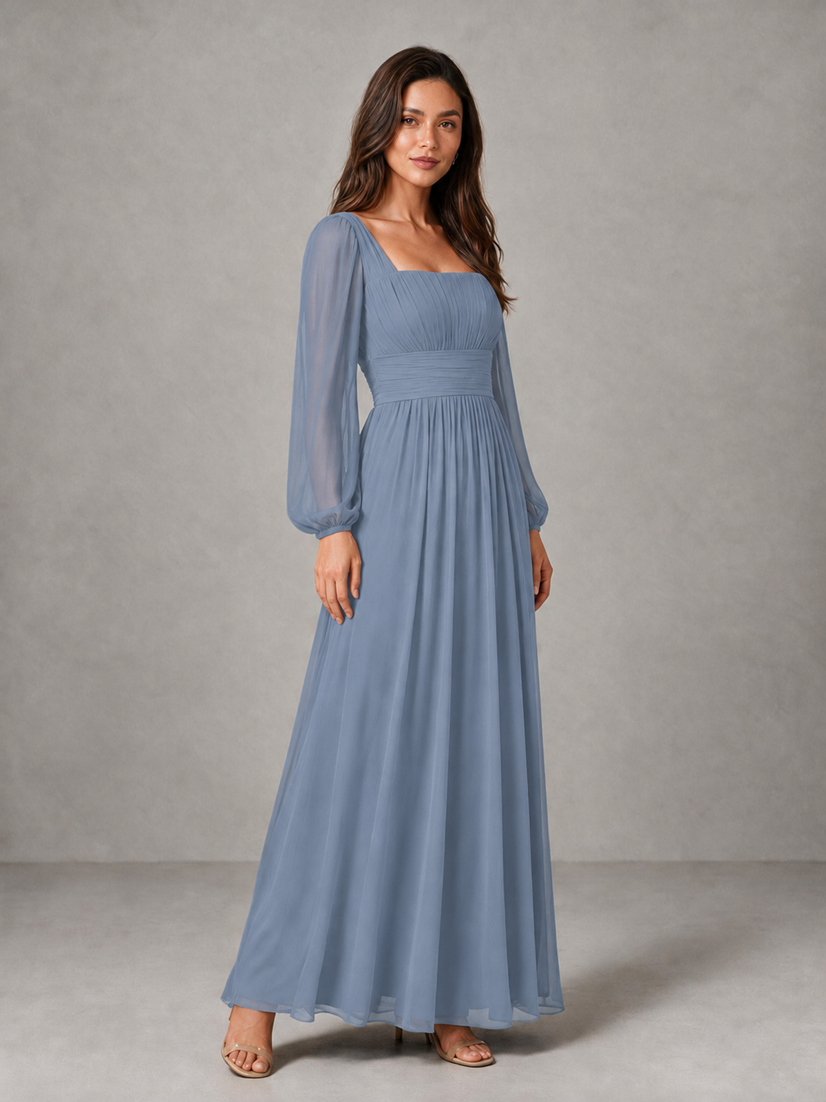 BOLODOO Dusty Blue Square Neck Long Sleeve Chiffon Bridesmaid Dress - Dusty Blue - Dusty Blue_3