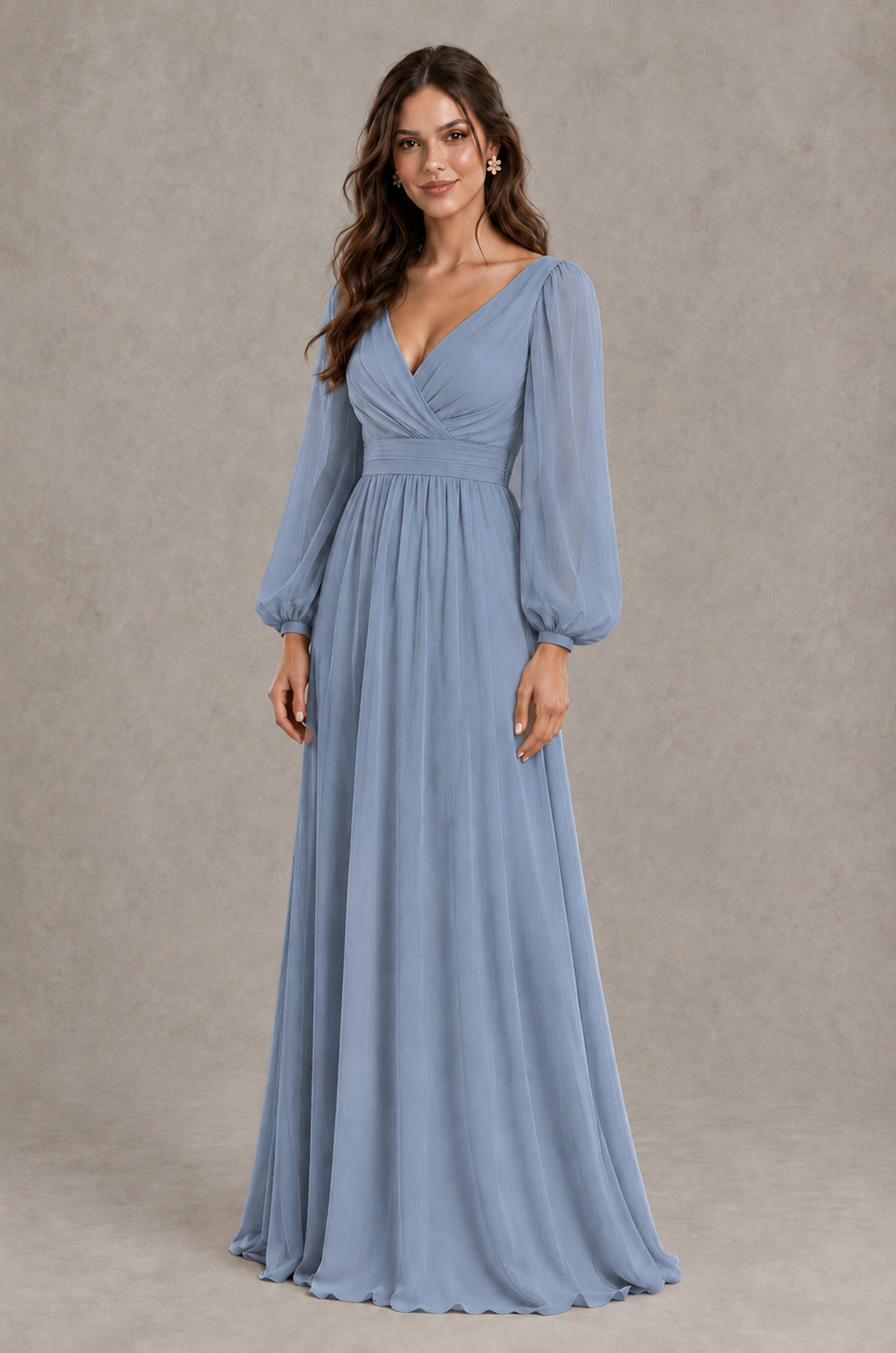 BOLODOO Dusty Blue Long Sleeve V-Neck A-Line Bridesmaid Dress - Dusty Blue - Dusty Blue_3
