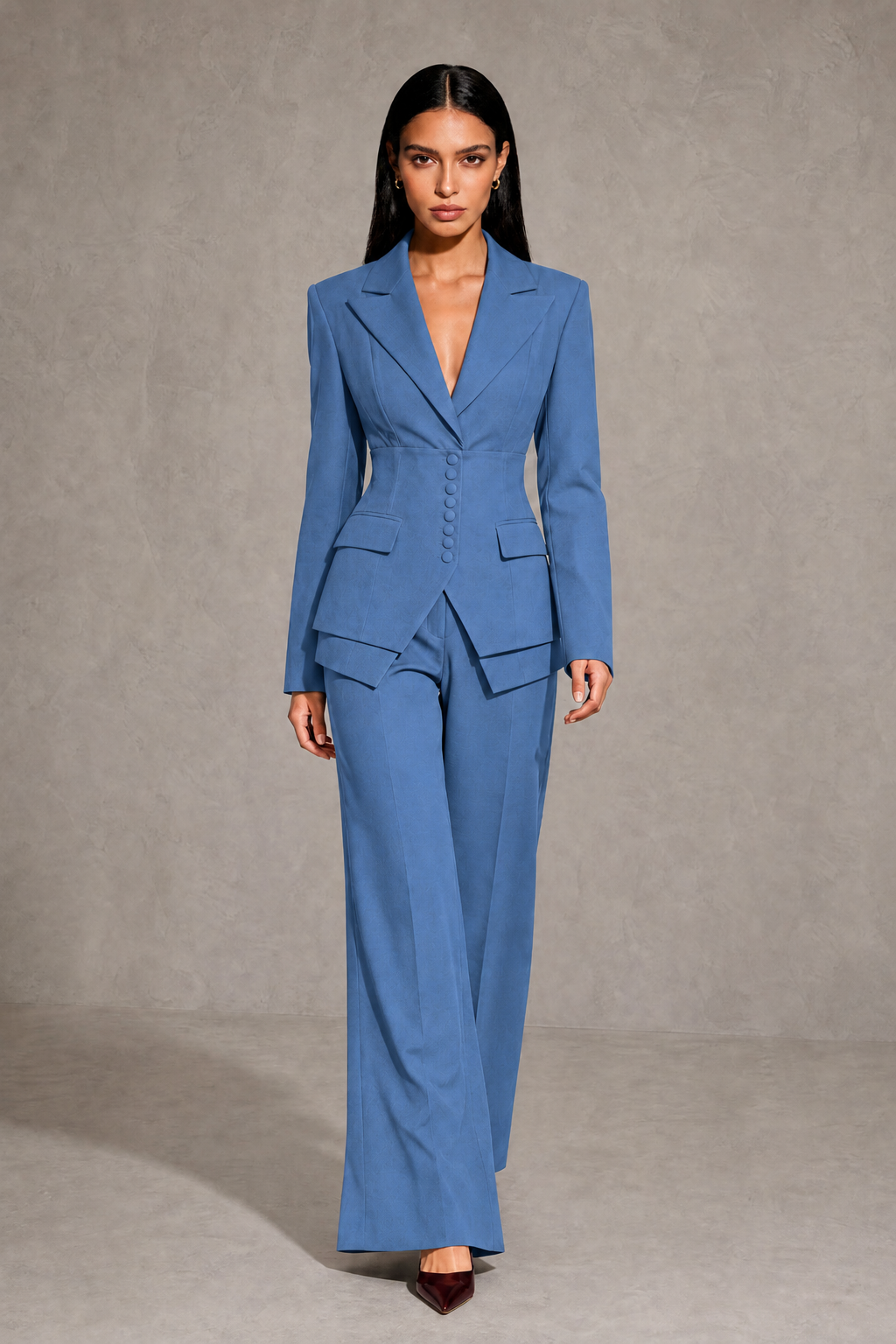 BOLODOO Dusty Blue Cinched Waist Blazer and Wide Leg Pants Two Piece Suit Set - Dusty Blue