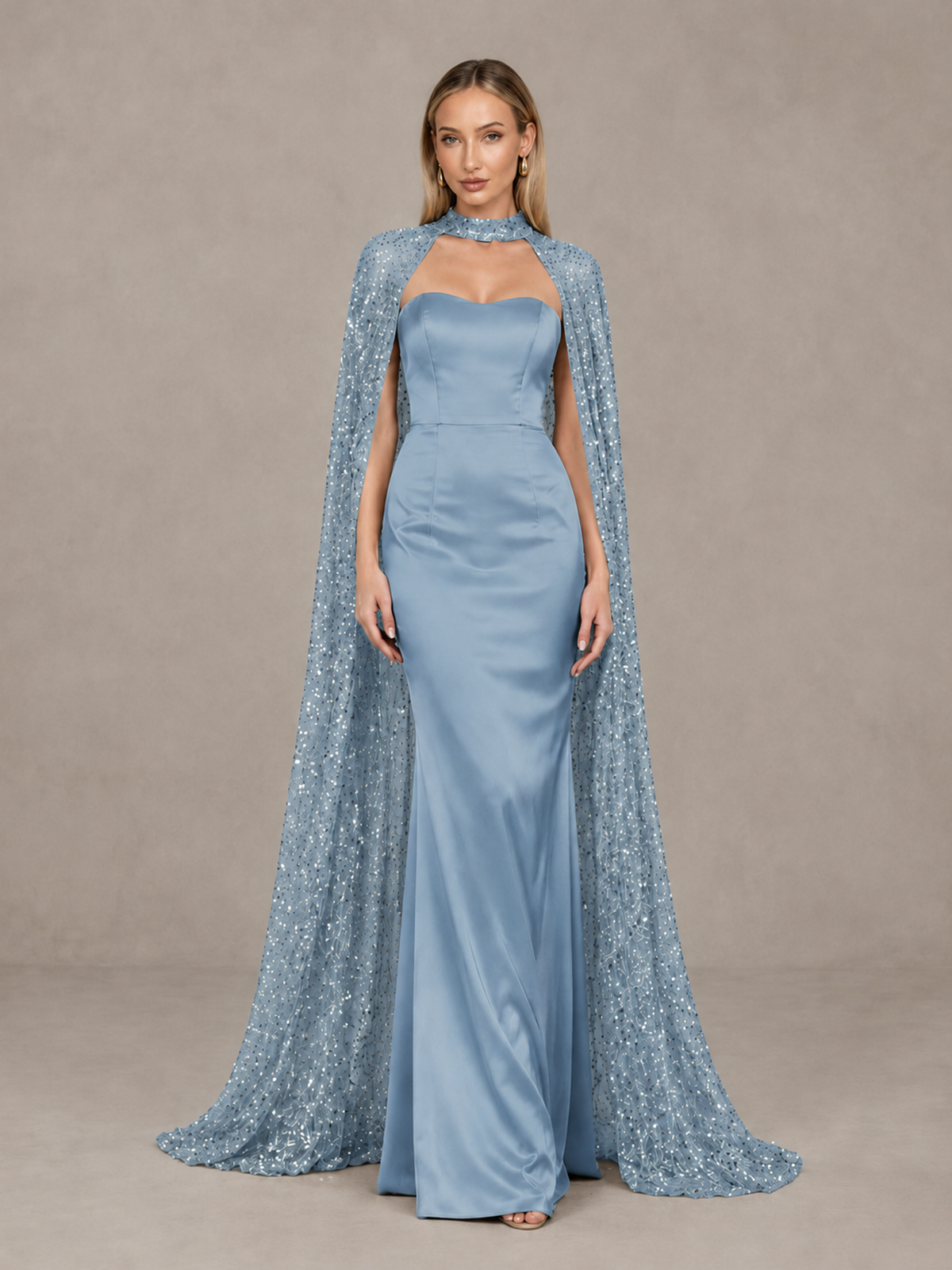 BOLODOO Dusty Blue Strapless Satin-Look Evening Gown with Sequin Cape - Dusty Blue - Dusty_Blue_3