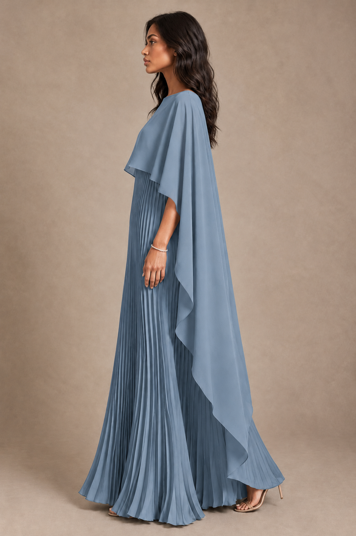 BOLODOO Dusty Blue Pleated Cape A-Line Evening Dress - Dusty Blue - Dusty_Blue_3