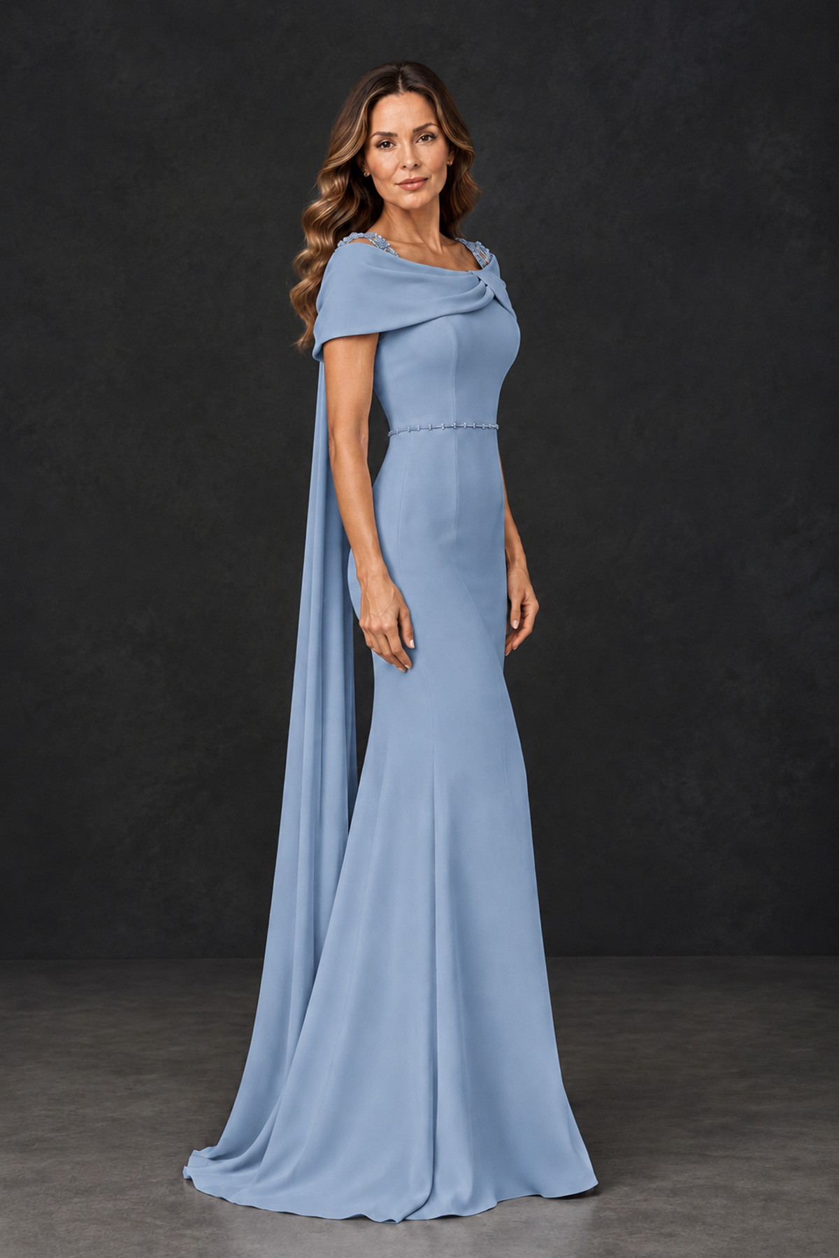 BOLODOO Dusty Blue Mother of the Bride Dress with Draped Cape Detail - Dusty Blue - Dusty_Blue_3