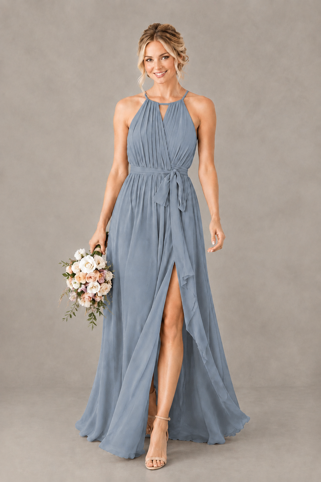BOLODOO Dusty Blue Halter Chiffon Bridesmaid Dress with High Slit - Dusty Blue