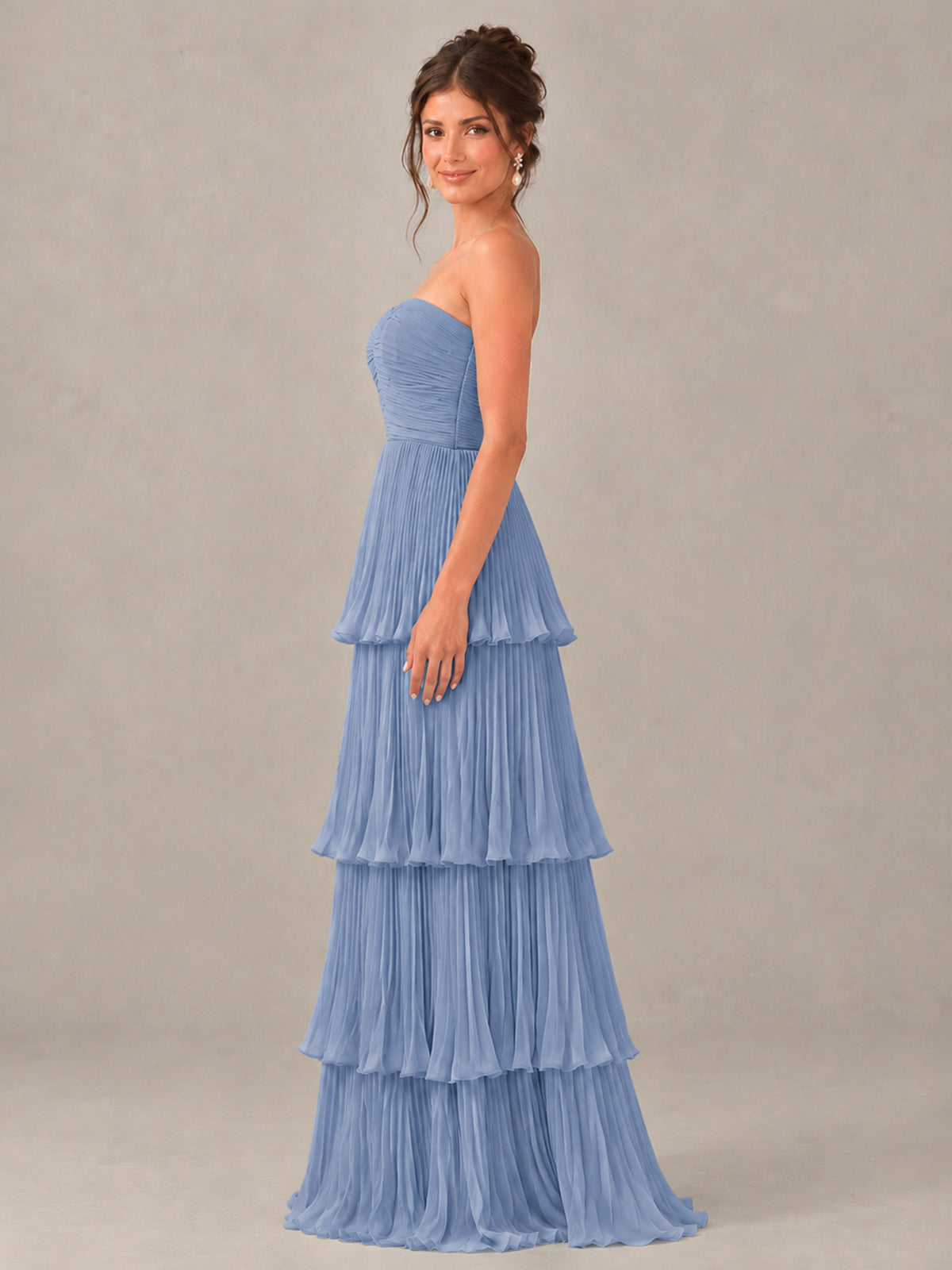 BOLODOO Dusty Blue Strapless Tiered Pleated Bridesmaid Dress - Dusty Blue - Dusty Blue_3
