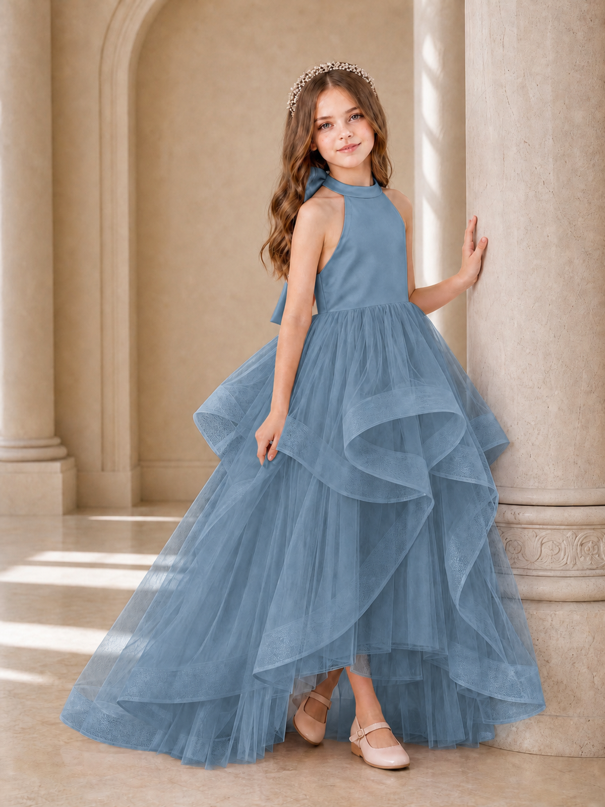 BOLODOO Dusty Blue Halter Tiered Tulle Flower Girl Dress with Bow Back - Dusty Blue - Dusty Blue_3