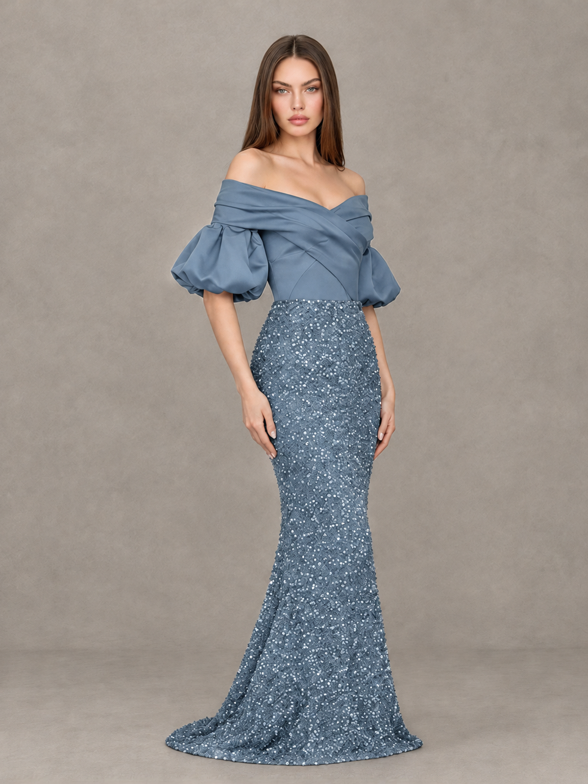 BOLODOO Dusty Blue Off-Shoulder Puff Sleeve Sequin Mermaid Evening Dress - Dusty Blue - Dusty Blue_3