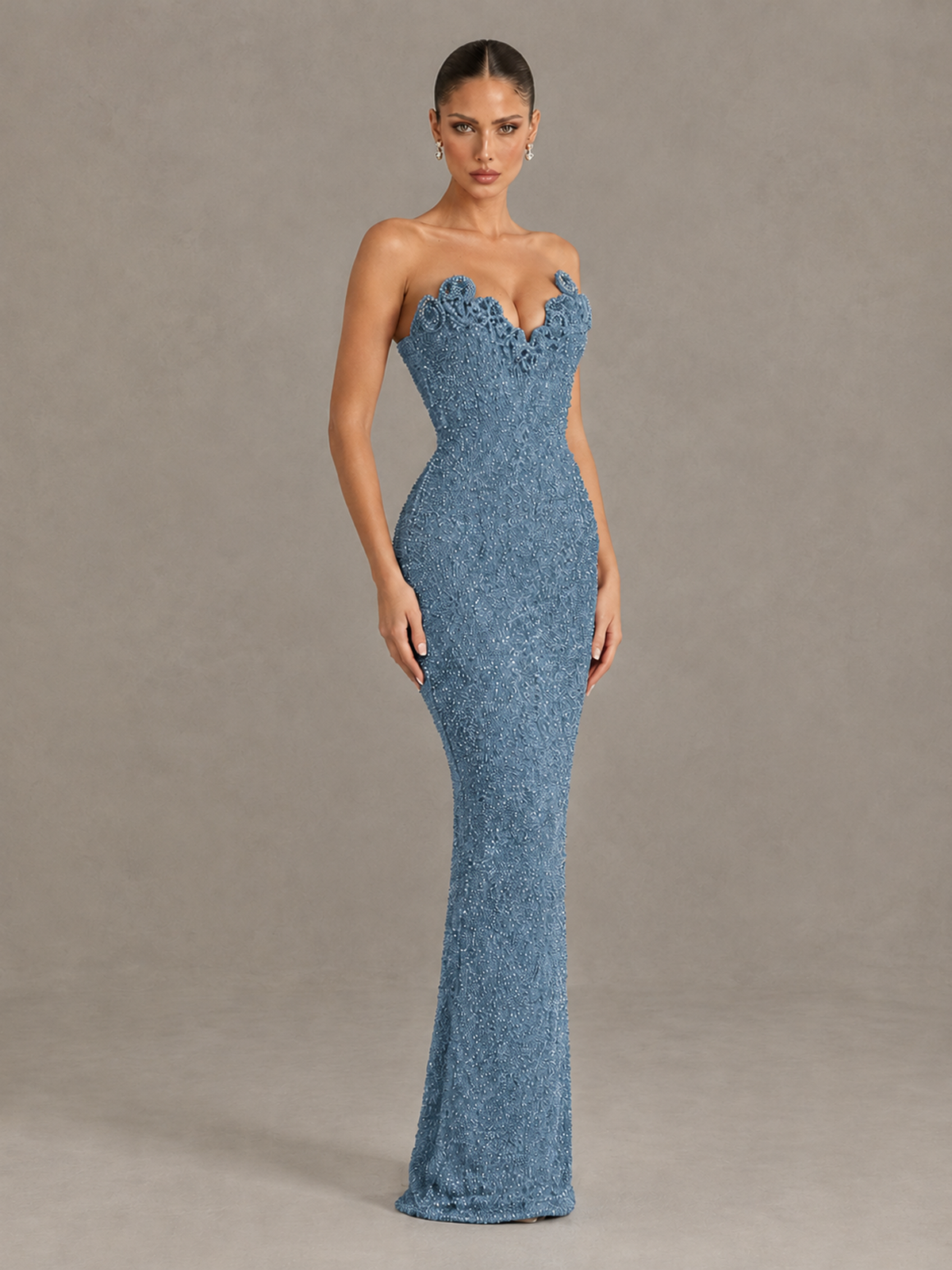 BOLODOO Dusty Blue Strapless Sequin Evening Gown with Floral Neckline - Dusty Blue - Dusty Blue_3