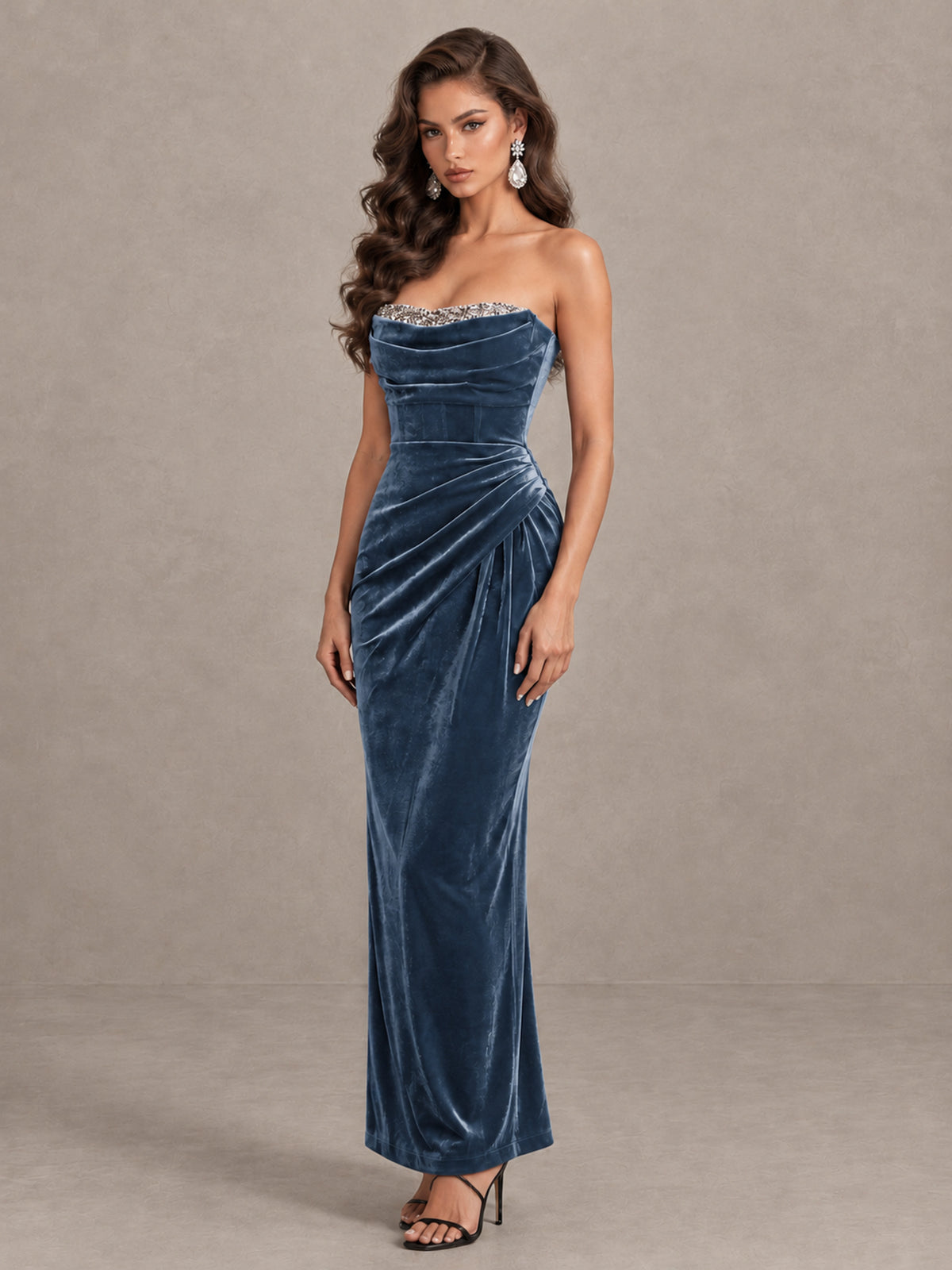 BOLODOO Dusty Blue Strapless Velvet Cocktail Maxi Dress - Dusty Blue - Dusty Blue_3