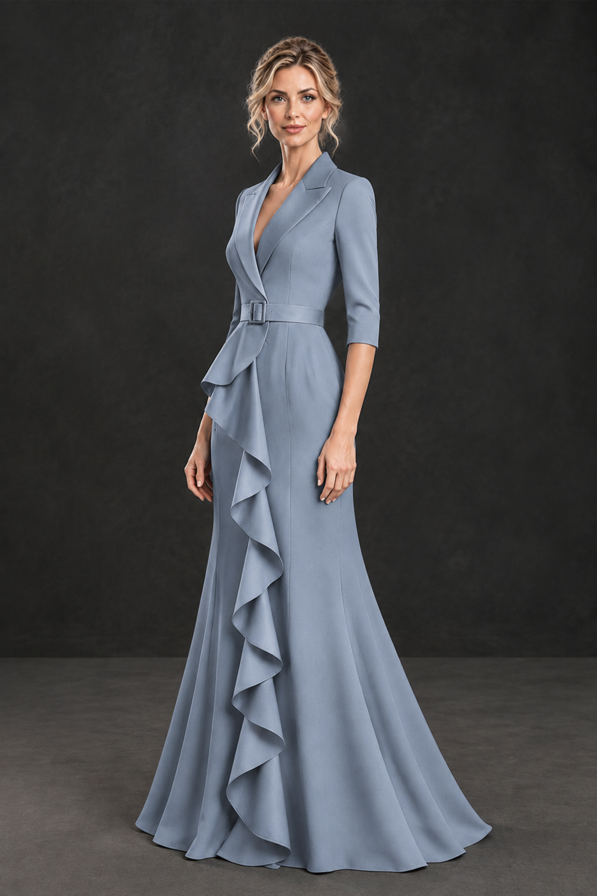 BOLODOO Dusty Blue Lapel Ruffle Mother of the Bride Dress with Belt - Dusty Blue - Dusty Blue_3