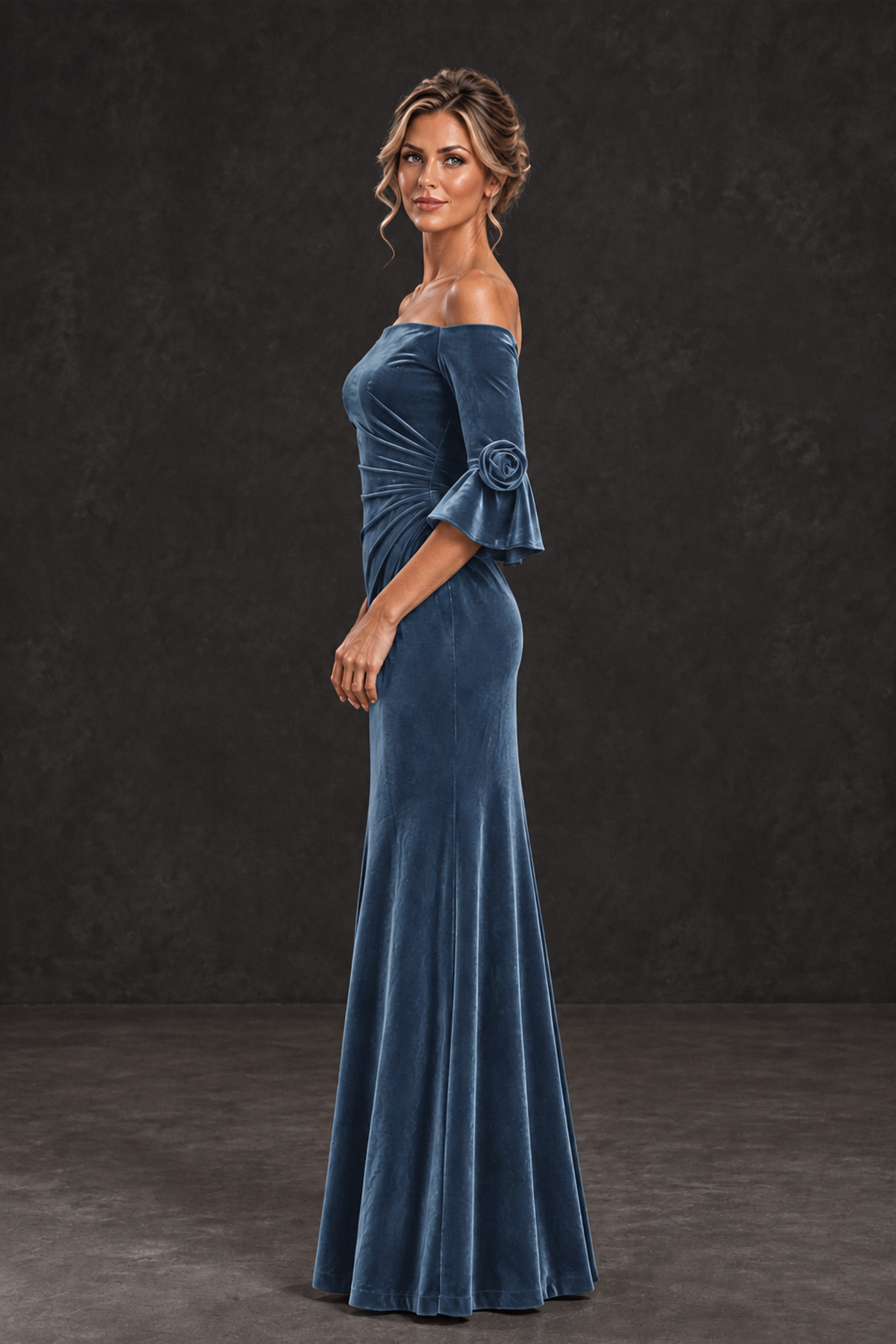 BOLODOO Dusty Blue Velvet Off-Shoulder Mother of the Bride Dress – 3/4 Floral Cuff Sleeve Mermaid Evening Gown - Dusty Blue - Dusty Blue_3
