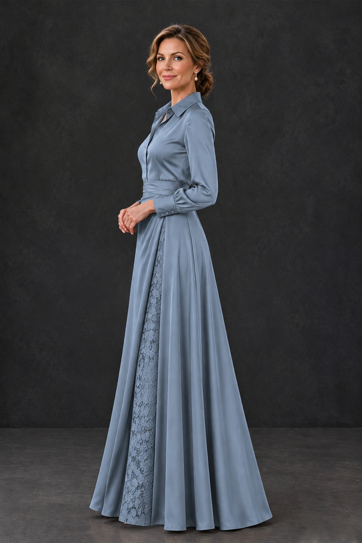 BOLODOO Dusty Blue Long Sleeve Satin-Look Lace Panel Gown - Dusty Blue - Dusty Blue_3