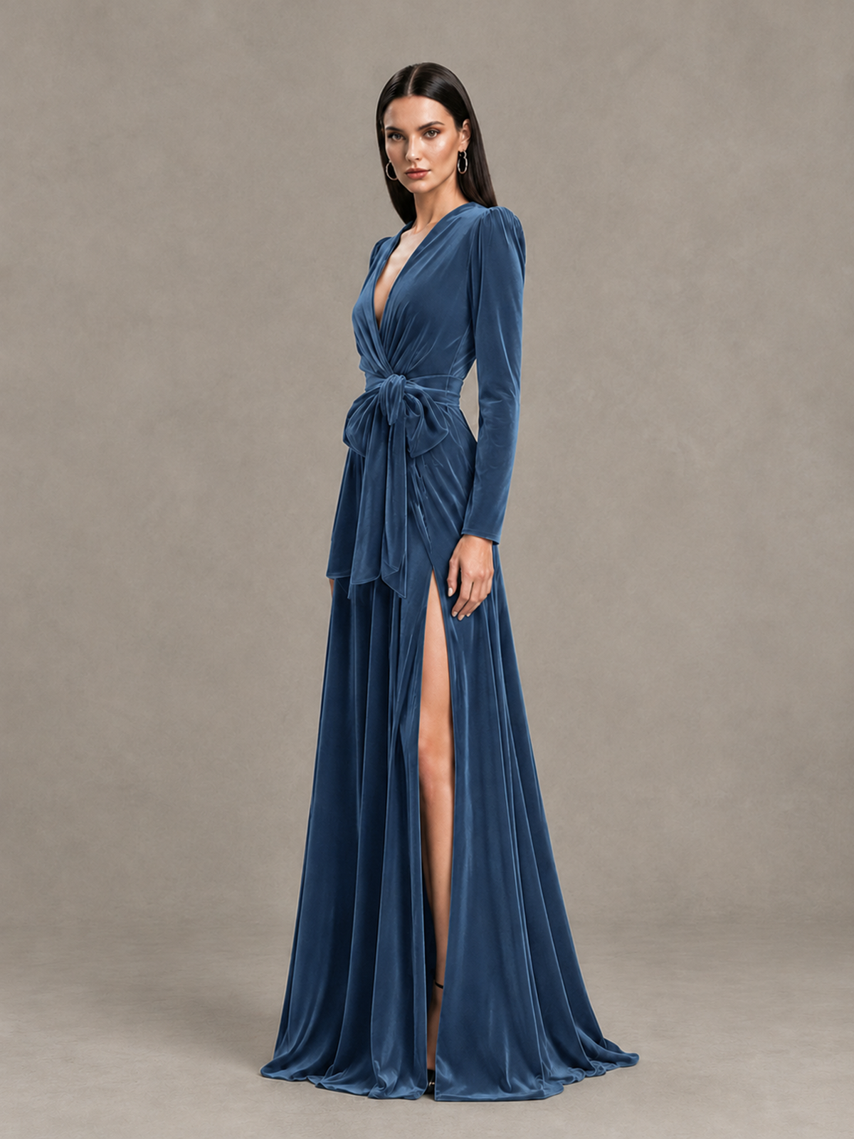 BOLODOO Dusty Blue Long Sleeve Velvet-Look Evening Dress with High Slit - Dusty Blue - Dusty Blue_3