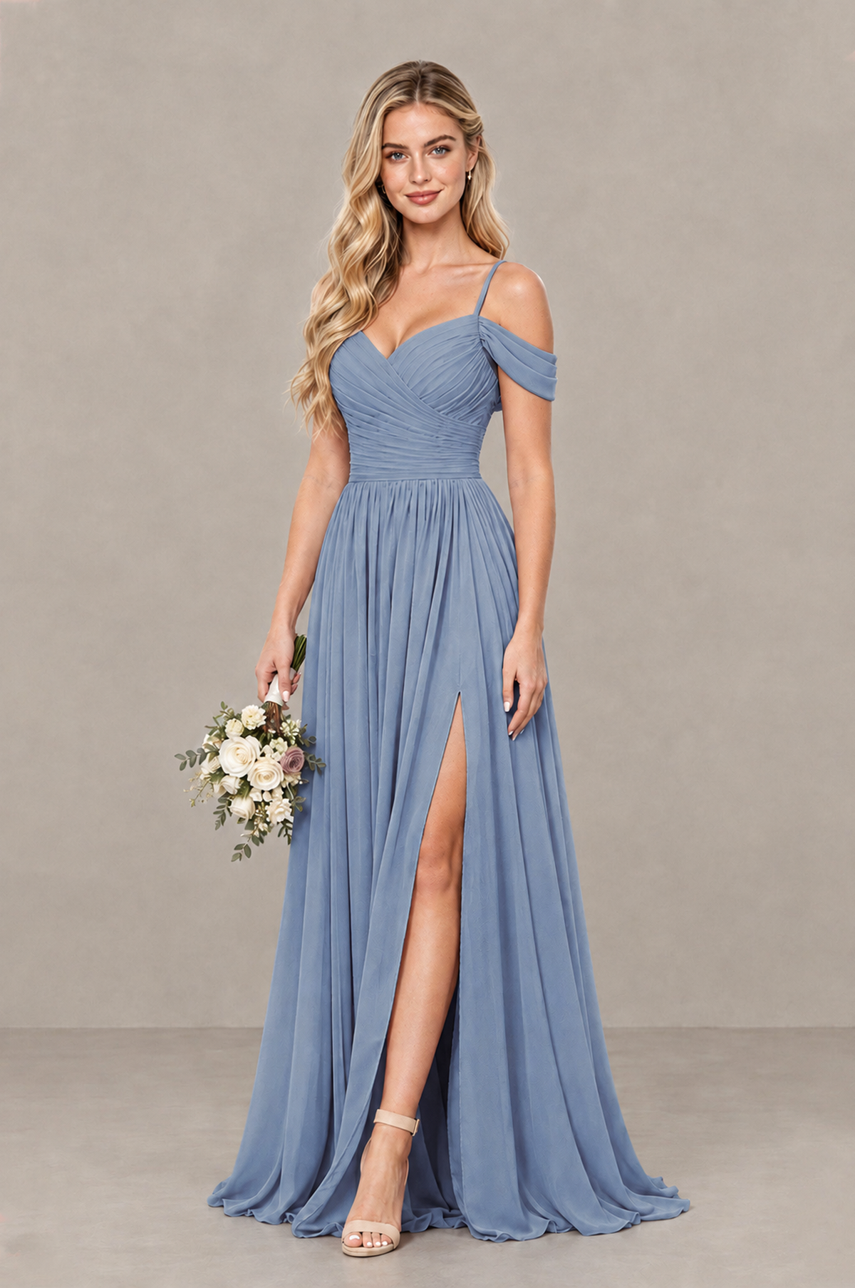 BOLODOO Dusty Blue Off-Shoulder Bridesmaid Dress with Slit - Dusty Blue