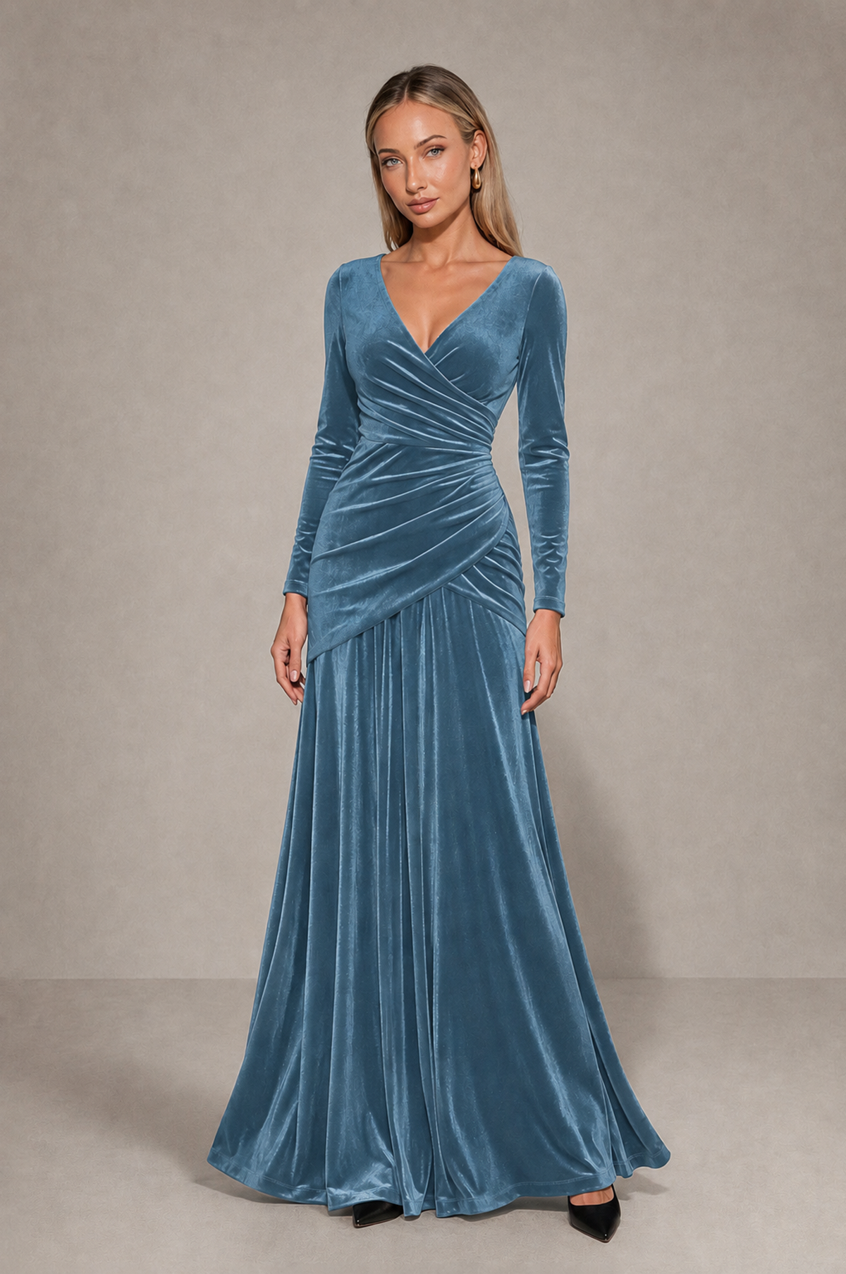 BOLODOO Dusty Blue Velvet Long Sleeve V-Neck Ruched Evening Dress - Dusty Blue - Dusty_Blue_3