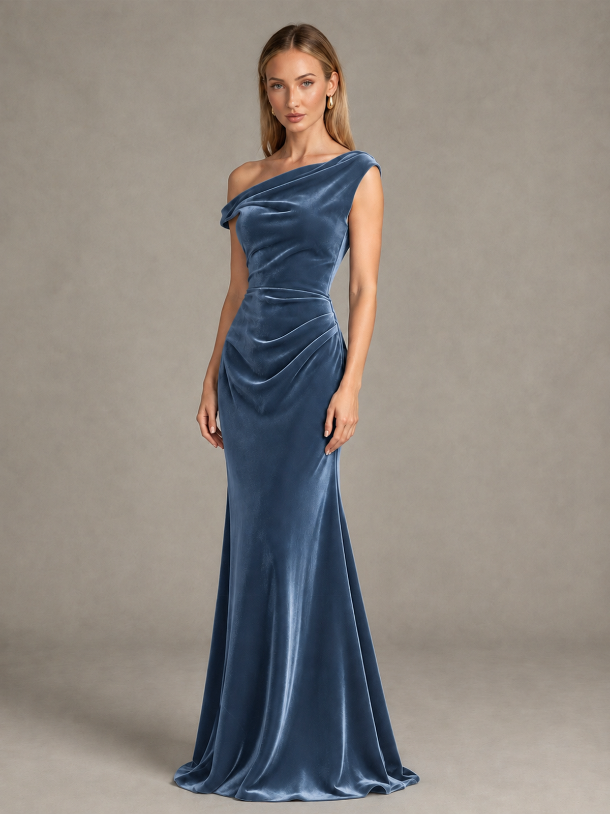 BOLODOO Dusty Blue One-Shoulder Velvet Mermaid Evening Gown - Dusty Blue - Dusty Blue_3