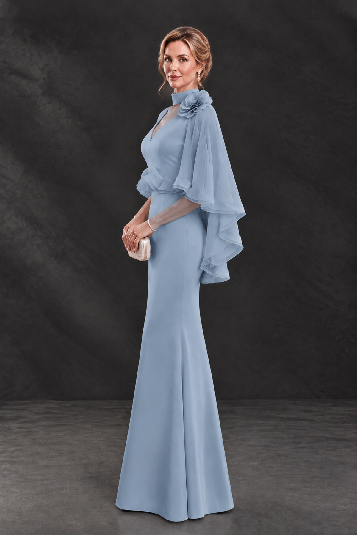BOLODOO Dusty Blue Floral Cape Sleeve Mother of the Bride Dress - Dusty Blue - Dusty_Blue_3