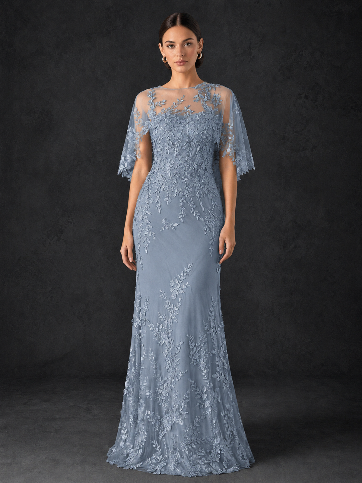 BOLODOO Mocha Dusty Blue Botanical Lace Flutter Sleeve Mermaid Gown - Dusty Blue