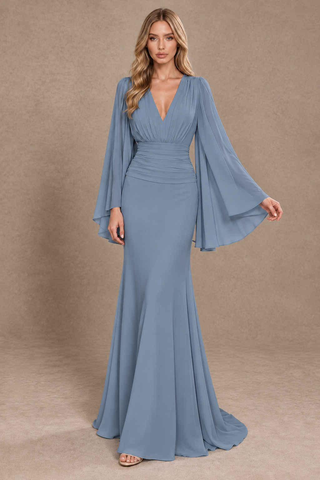 BOLODOO Dusty Blue Cape Sleeve V-Neck Ruched Chiffon Evening Dress - Dusty Blue - Dusty_Blue_3