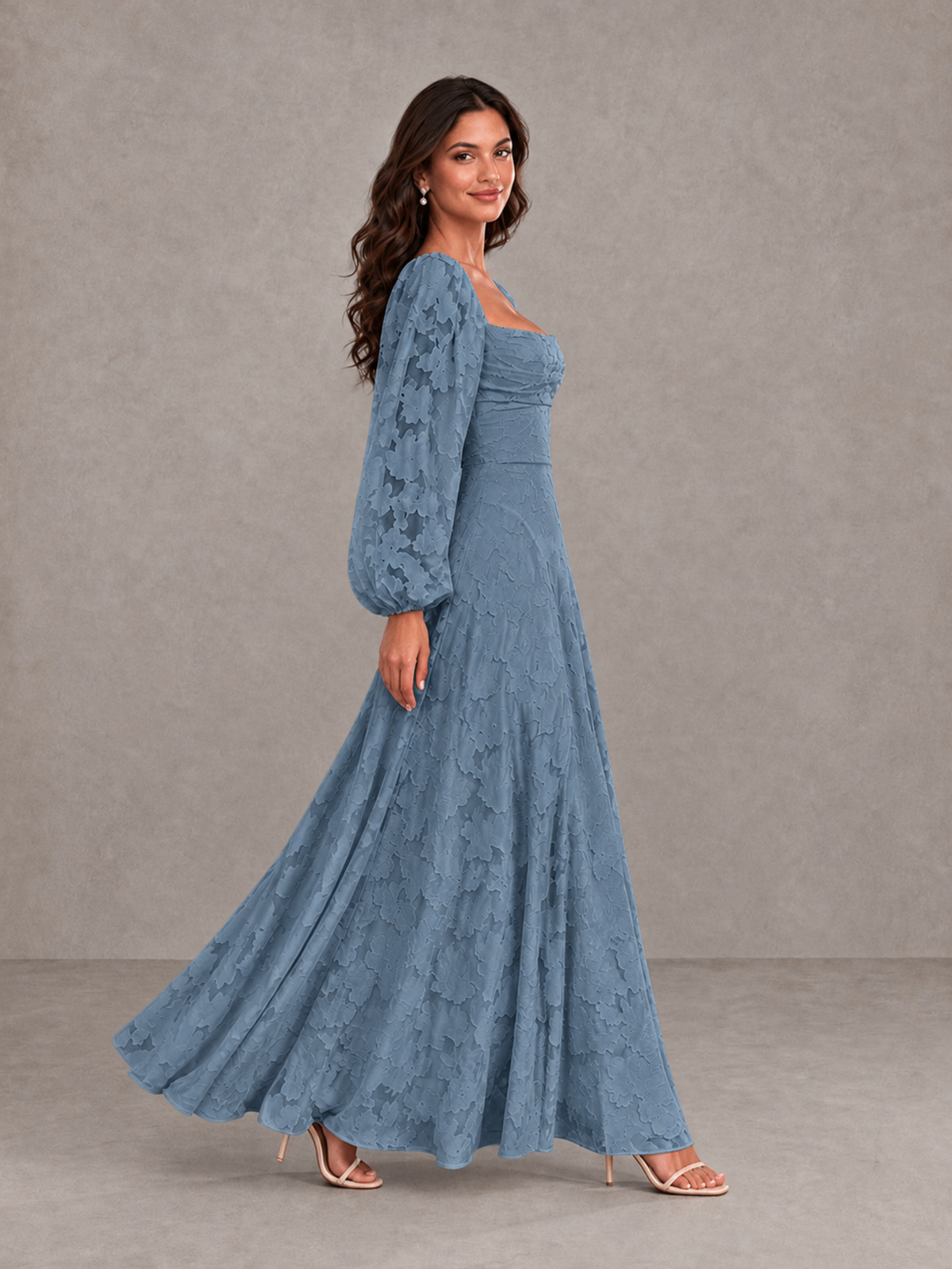 BOLODOO Dusty Blue Floral Long Sleeve A-Line Bridesmaid Dress - Dusty Blue - Dusty Blue_3