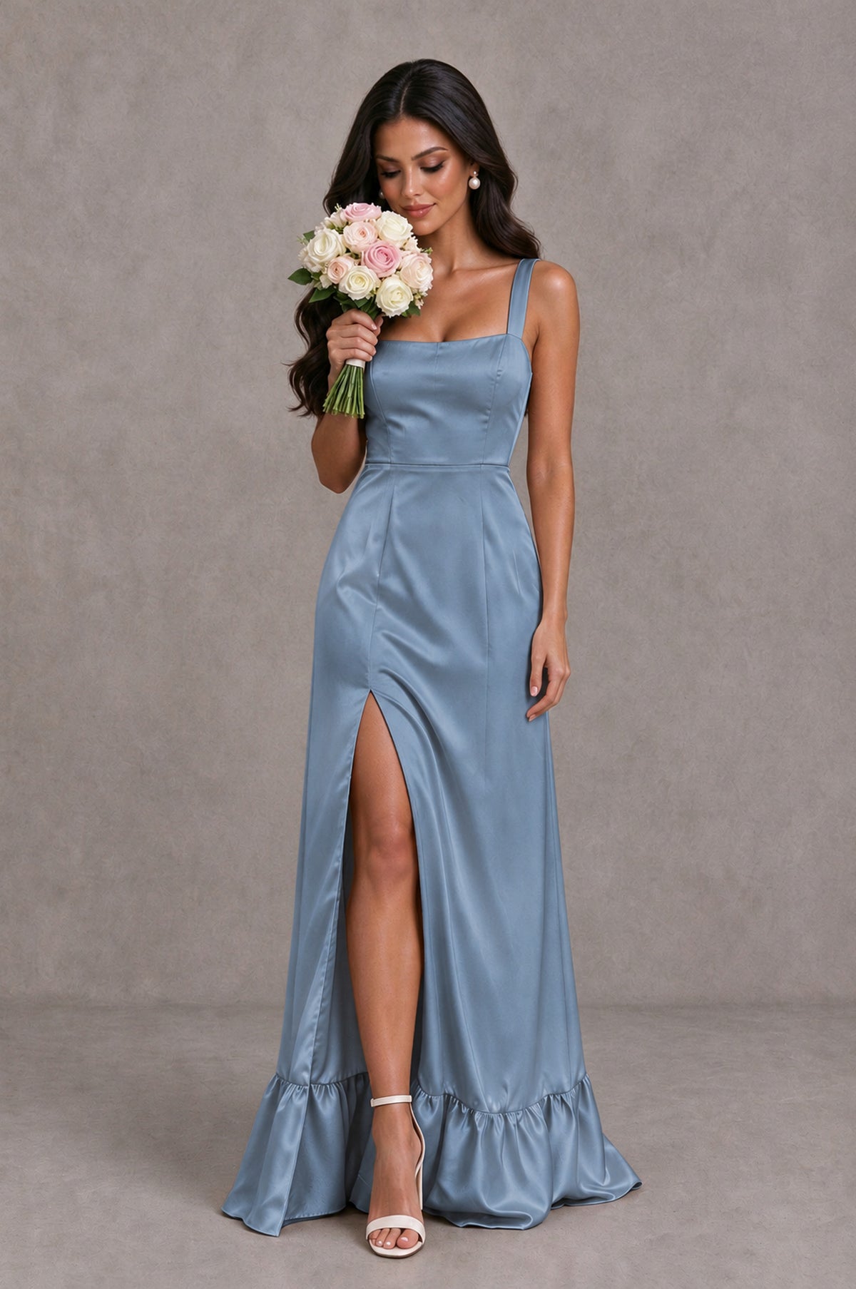 BOLODOO Dusty Blue Square Neck Satin Evening Dress with Lace-Up Back and High Slit - Dusty Blue - Dusty Blue_3