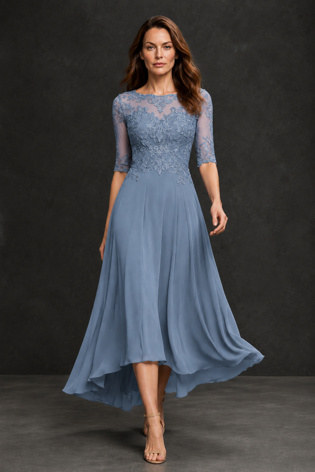 BOLODOO Dusty Blue Illusion Lace 3/4 Sleeve Hi-Lo Chiffon A-Line Dress | Mother of the Bride Tea Length Dress - Dusty Blue