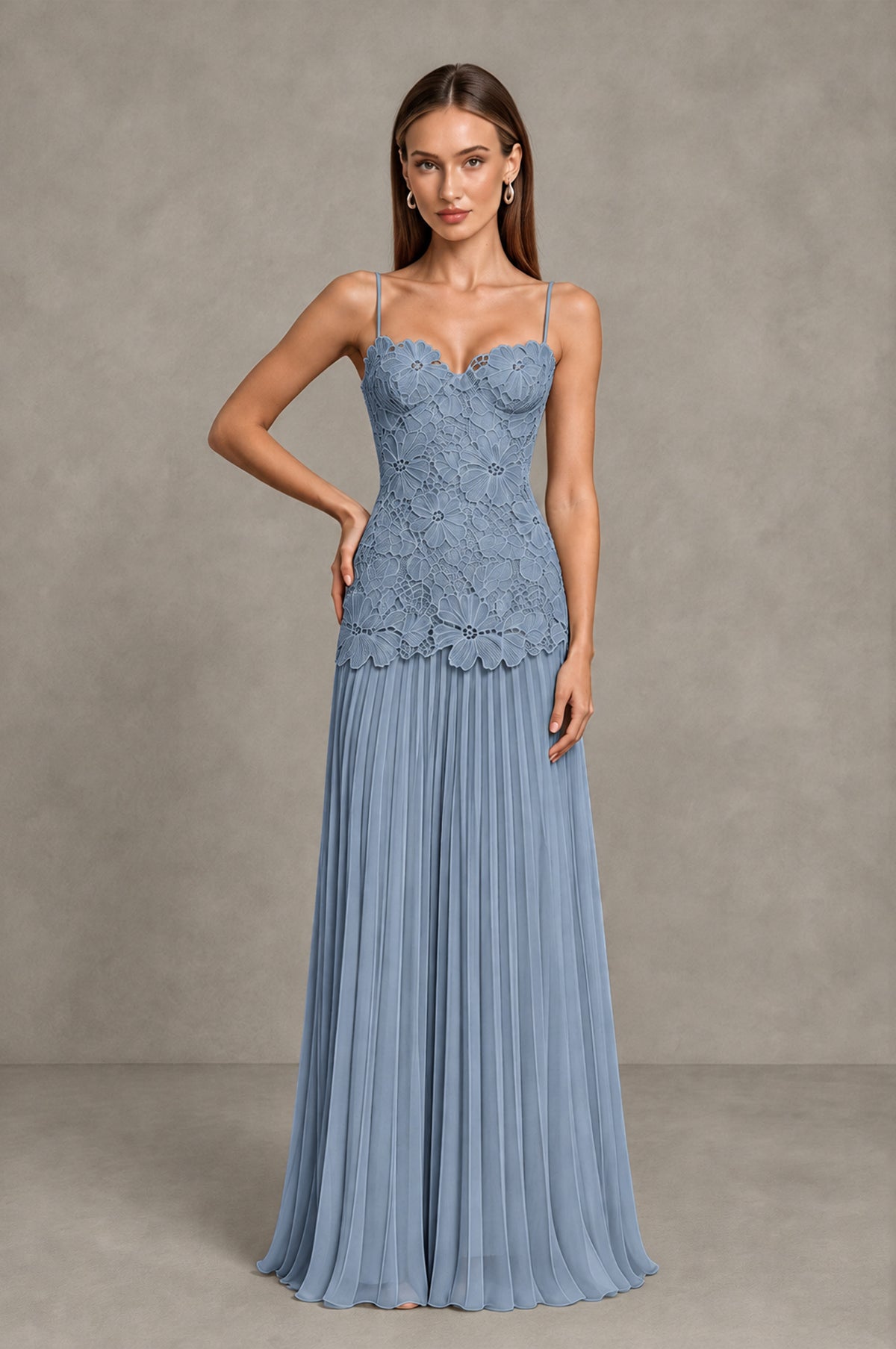 BOLODOO Dusty Blue Lace Bodice Pleated Wedding Guest Dress - Dusty Blue - Dusty Blue_3