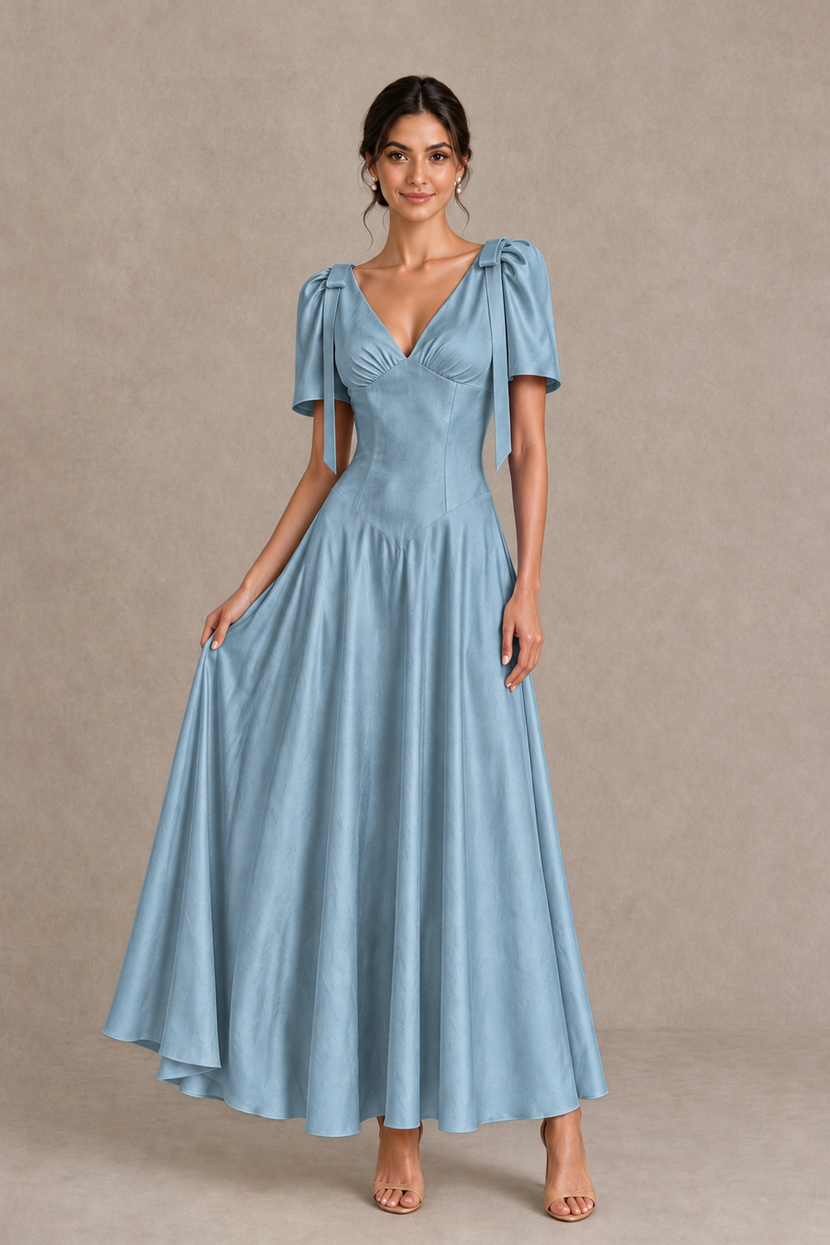 BOLODOO Dusty Blue V-Neck Short Sleeve Satin-Look Bridesmaid Dress with Shoulder Bows - Dusty Blue - Dusty Blue_3