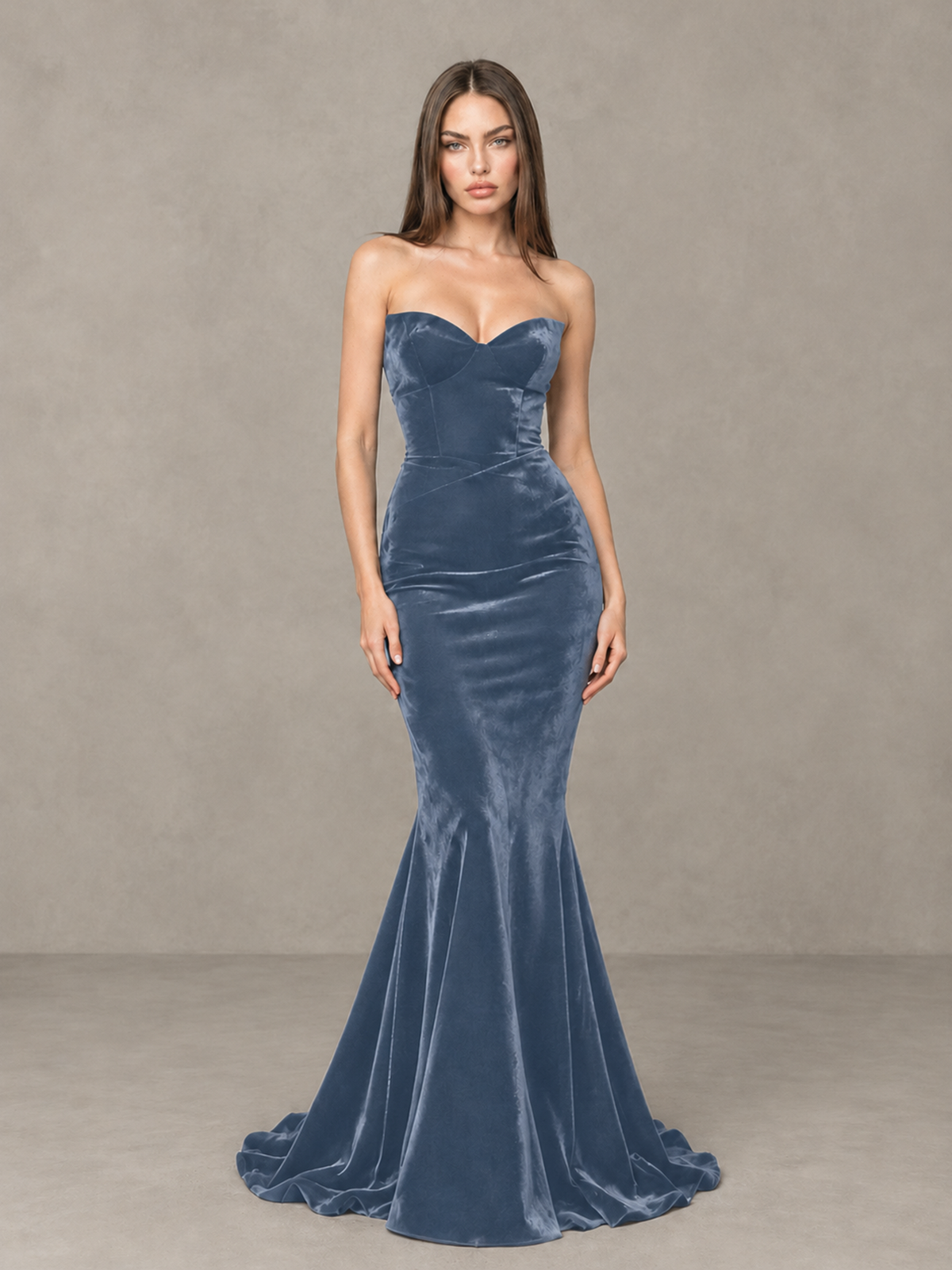BOLODOO Dusty Blue Strapless Sweetheart Velvet-Look Mermaid Evening Dress - Dusty Blue - Dusty Blue_3