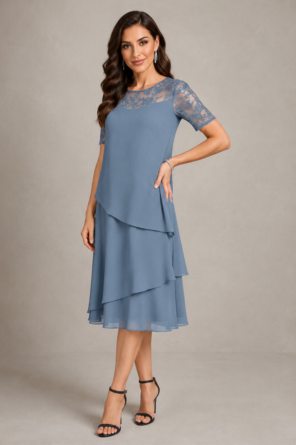 BOLODOO Dusty Blue Illusion Lace Short Sleeve Tiered Chiffon Tea Length Dress | Mother of the Bride Midi Dress - Dusty Blue