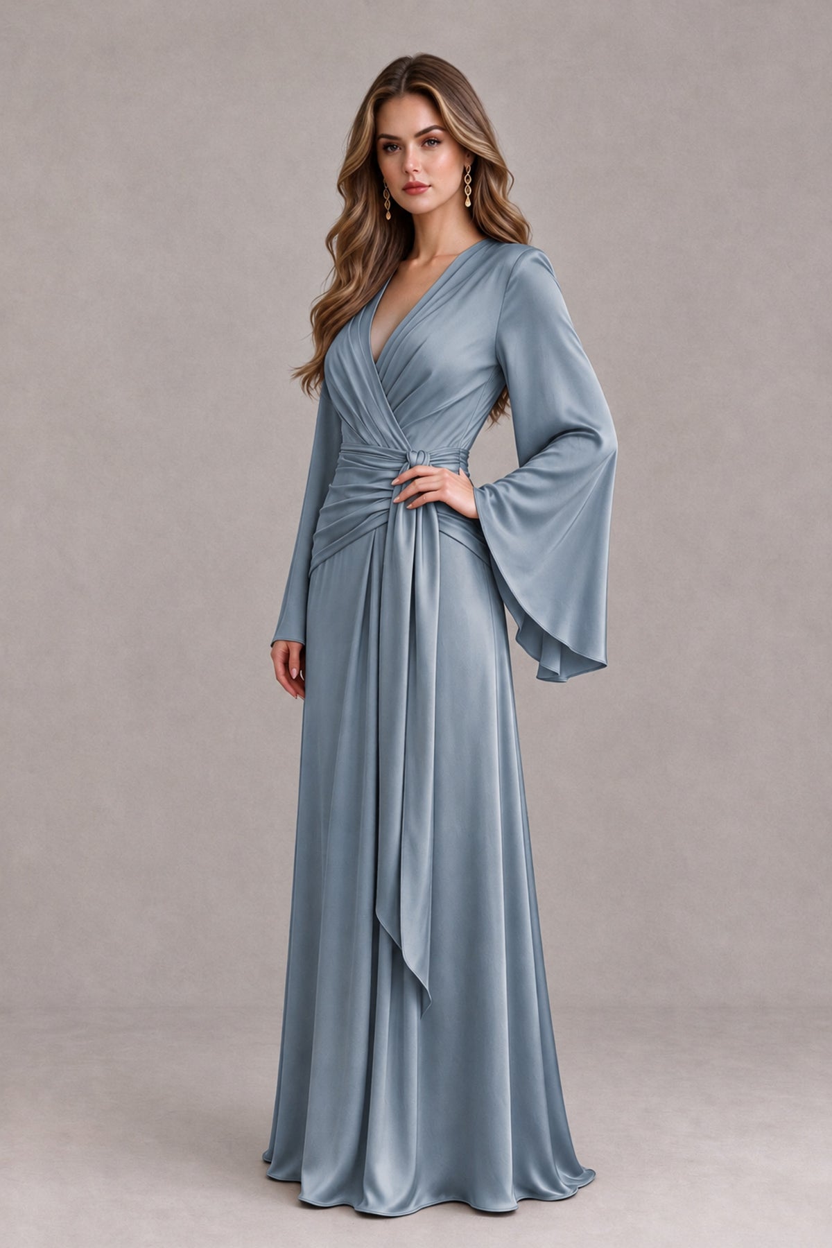 BOLODOO Dusty Blue Yellow Satin-Look V-Neck Long Bell Sleeve Evening Dress - Dusty Blue - Dusty_Blue_3
