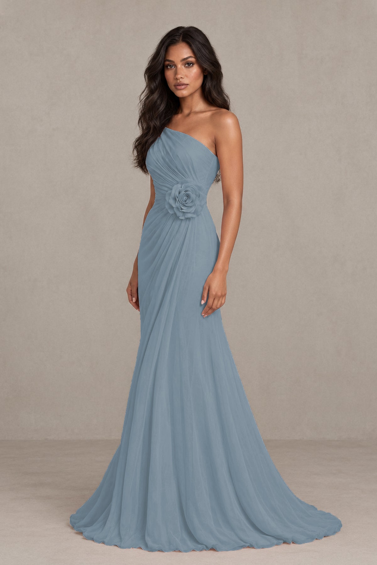 BOLODOO Dusty Blue One-Shoulder Floral Ruched Maxi Dress - Dusty Blue