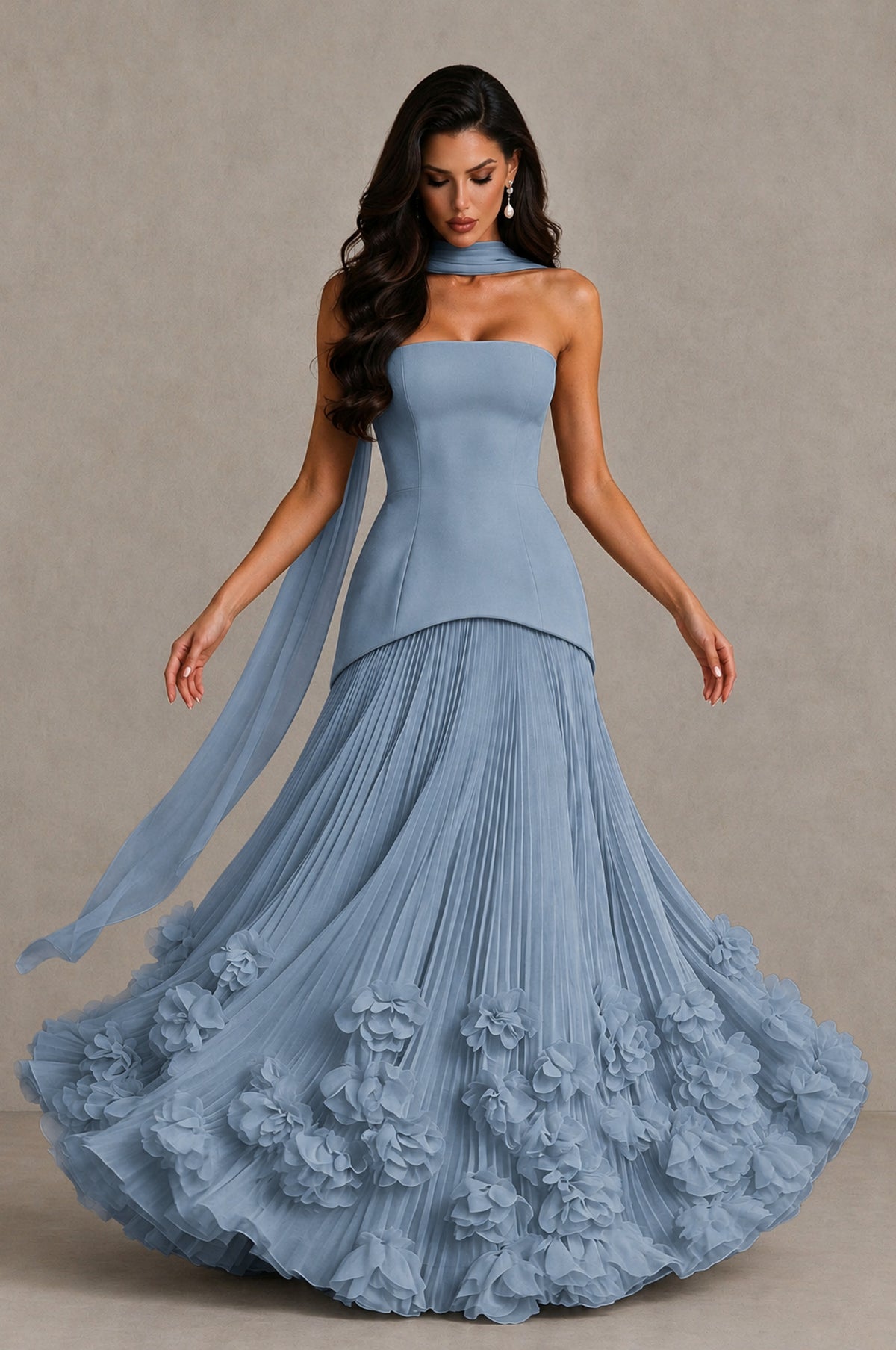 BOLODOO Dusty Blue Strapless Pleated Floral Hem Evening Gown - Dusty Blue - Dusty Blue_3