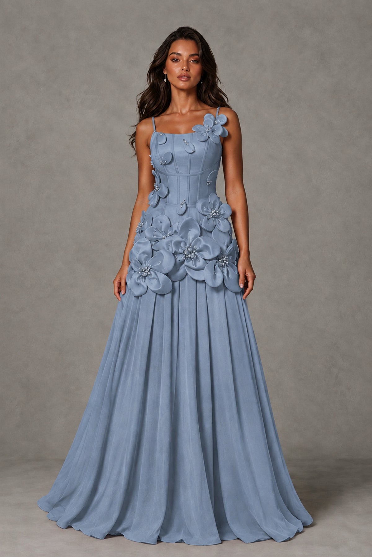 BOLODOO Dusty Blue 3D Floral Appliqué Floor-Length A-Line Evening Gown - Dusty Blue