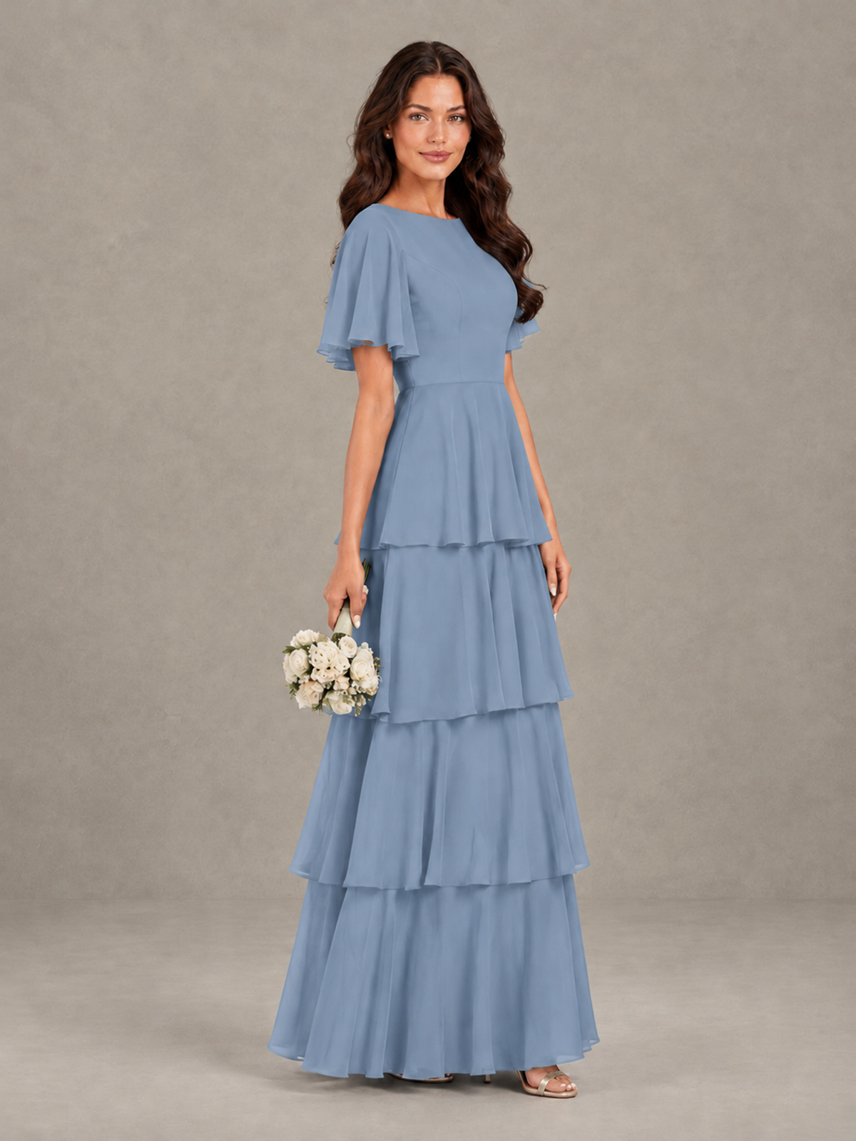 BOLODOO Dusty Blue Tiered Flutter Sleeve Bridesmaid Dress - Dusty Blue - Dusty Blue_3