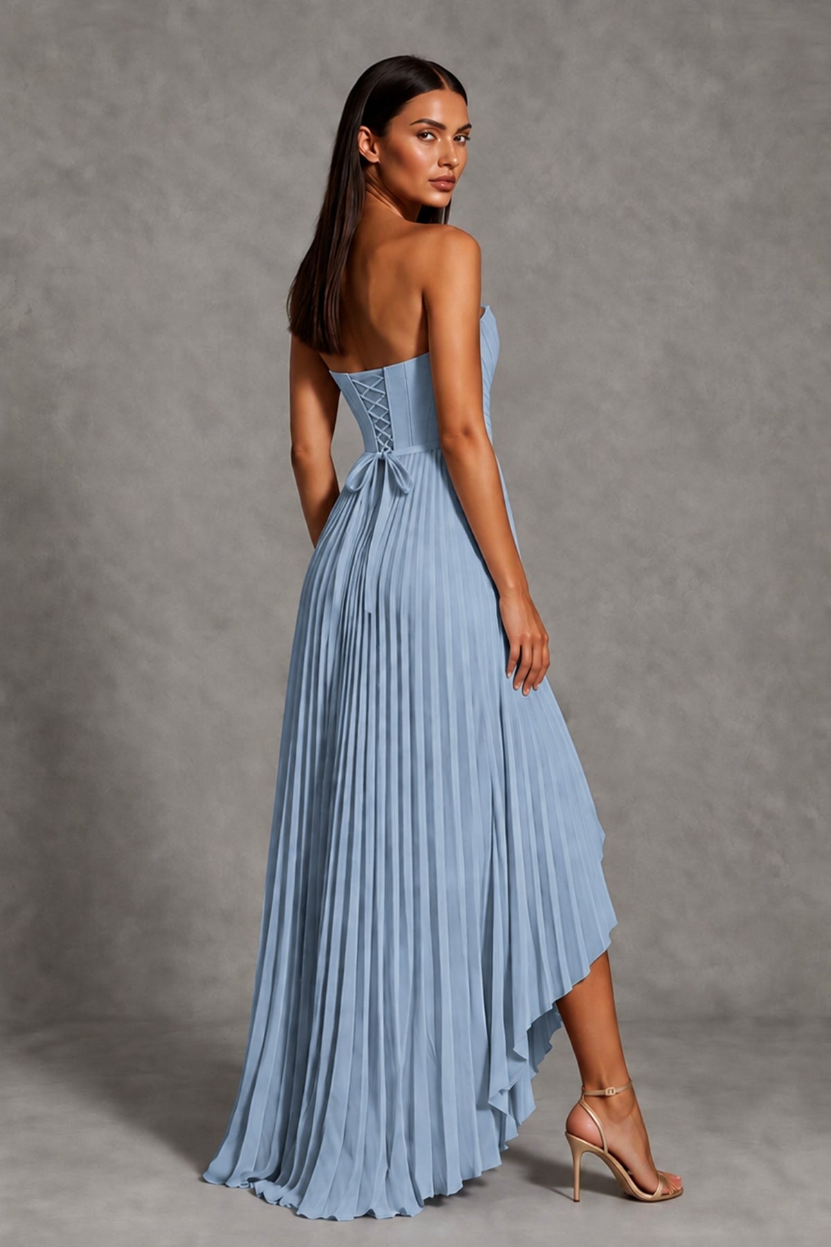 Dusty Blue Strapless Pleated High-Low Evening Gown with Ruffle Hem - Dusty Blue