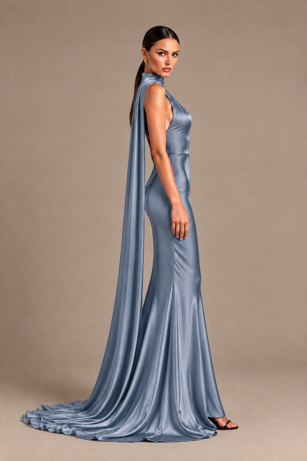 BOLODOO Dusty Blue One-Shoulder Satin Mermaid Evening Dress with Scarf - Dusty Blue - Dusty Blue_3