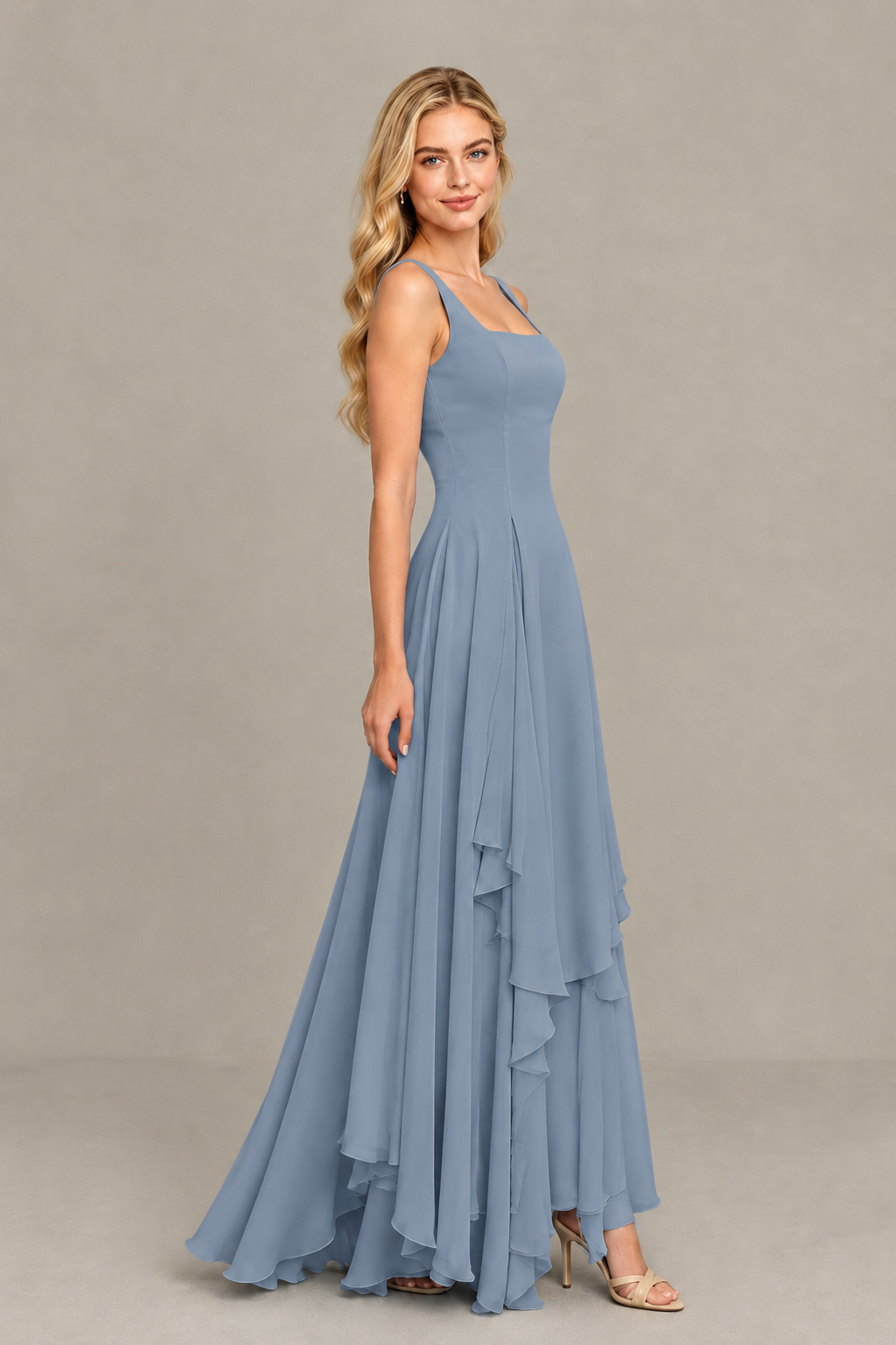 BOLODOO Dusty Blue Square Neck Chiffon Bridesmaid Dress with Lace-Up Back - Dusty Blue