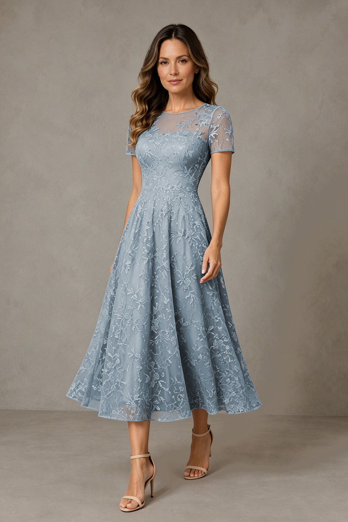 BOLODOO Dusty Blue Textured Floral A-Line Dress with Short Sleeves - Dusty Blue