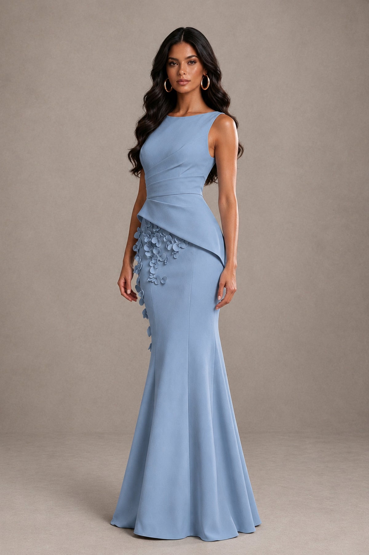 BOLODOO Dusty Blue Bateau Neck Sleeveless Asymmetric Peplum 3D Petal Appliqué Mermaid Gown BD0421 - Dusty Blue - Dusty Blue_3