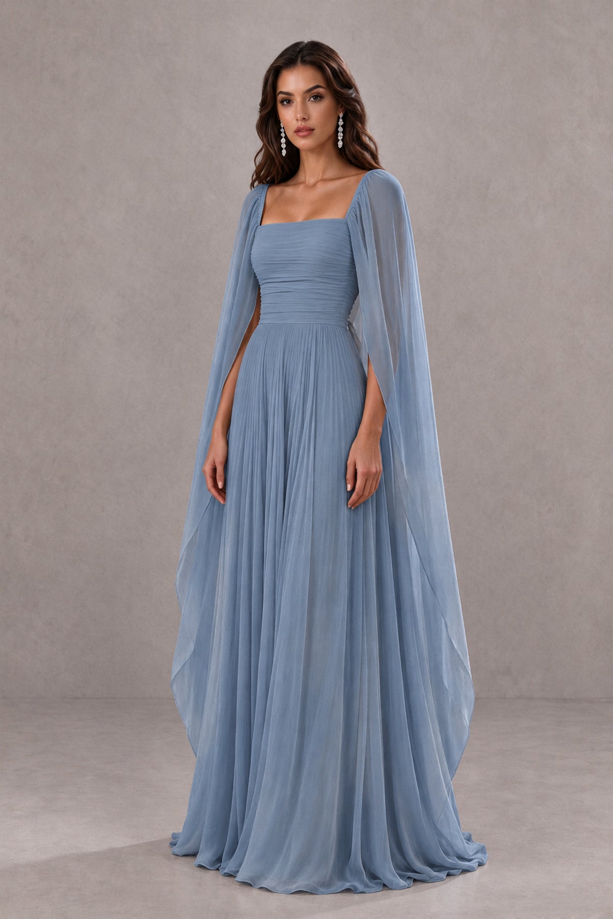 BOLODOO Dusty Blue Square Neck Cape Sleeve A-Line Evening Dress - Dusty Blue - Dusty_Blue_3