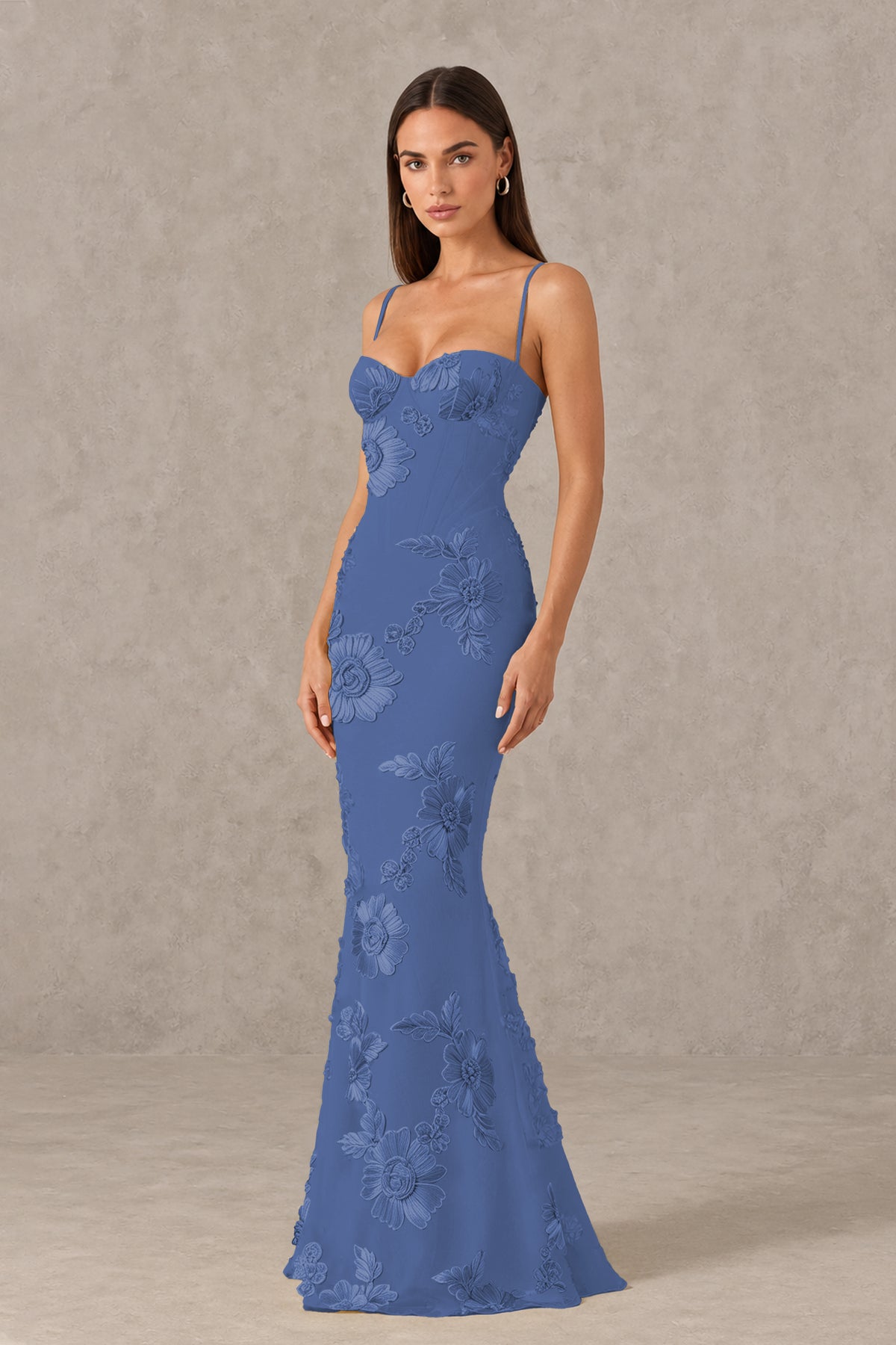 BOLODOO Dusty Blue Floral Lace-Up Back Mermaid Maxi Dress - Dusty Blue