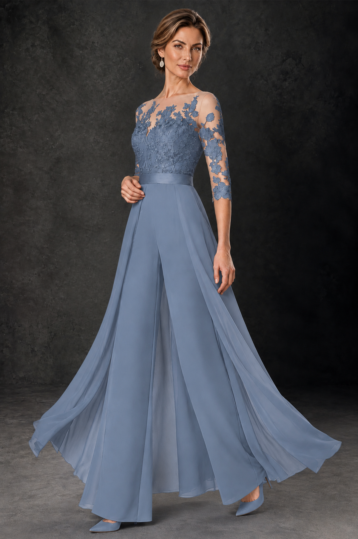 BOLODOO Dusty Blue Lace Wide-Leg Jumpsuit with Three-Quarter Sleeves - Dusty Blue - Dusty_Blue_3