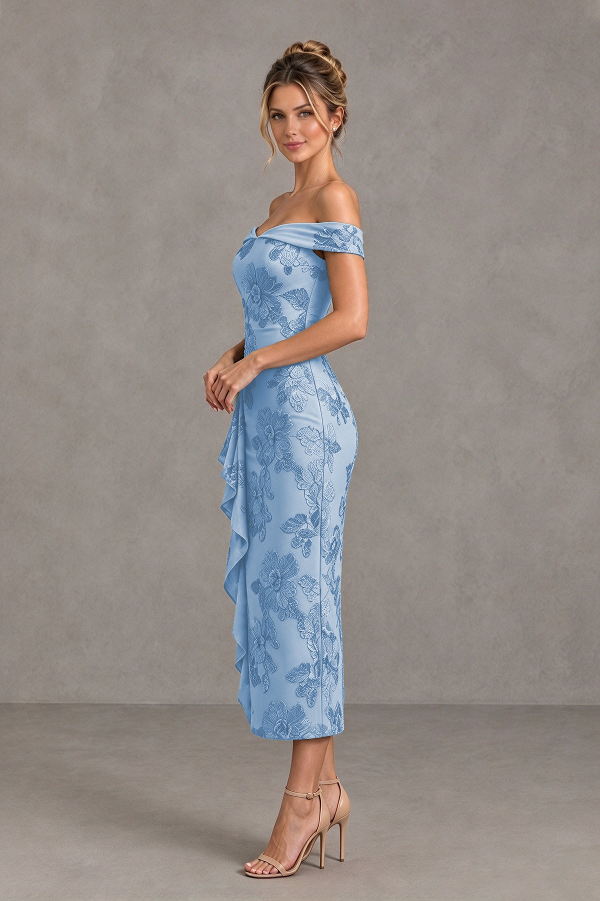 BOLODOO Dusty Blue Off Shoulder Floral Jacquard Midi Dress - Dusty Blue - Dusty Blue(3)