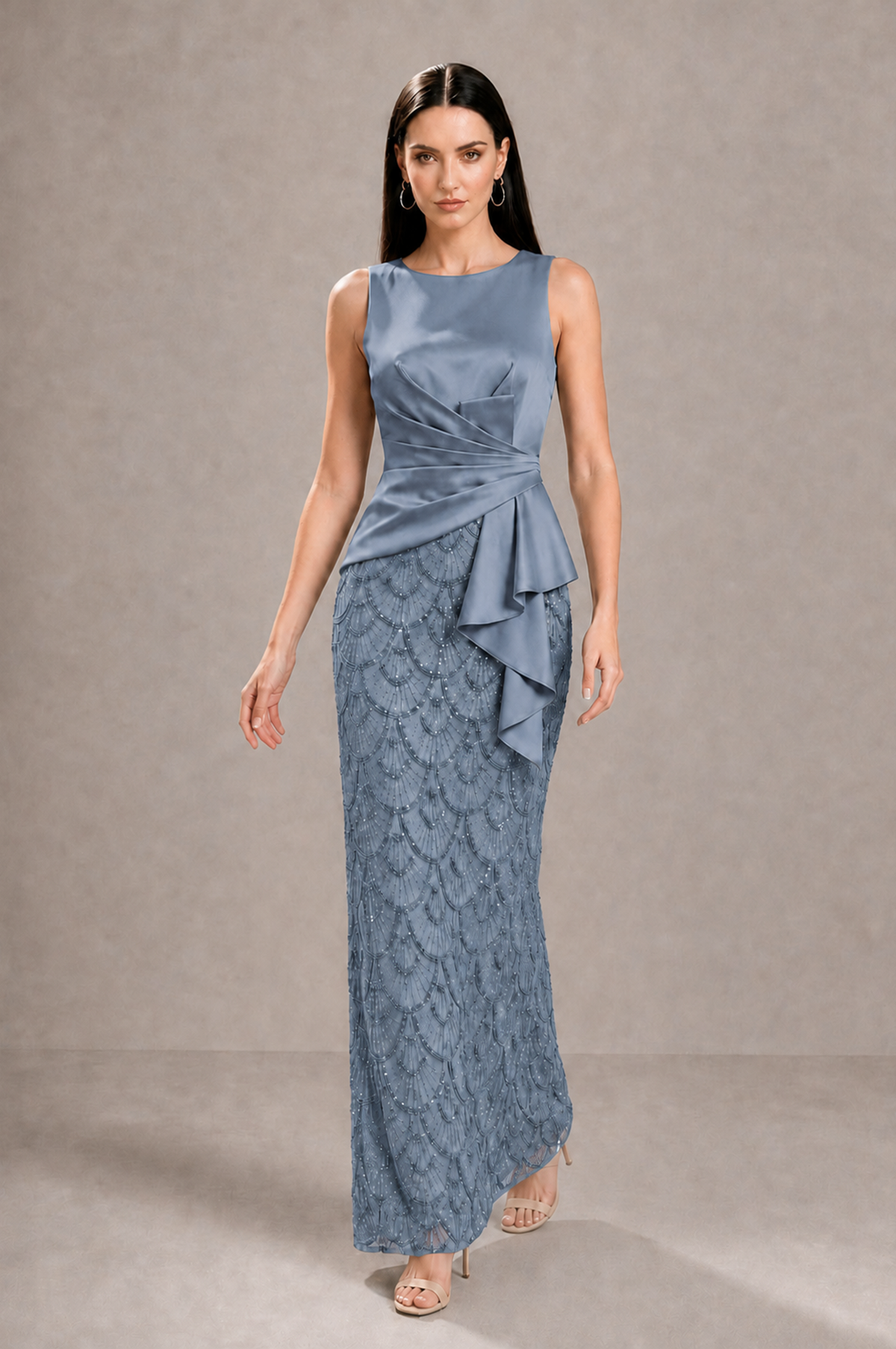 BOLODOO Dusty Blue Sleeveless Satin & Lace Peplum Evening Dress - Dusty Blue - Dusty_Blue_3