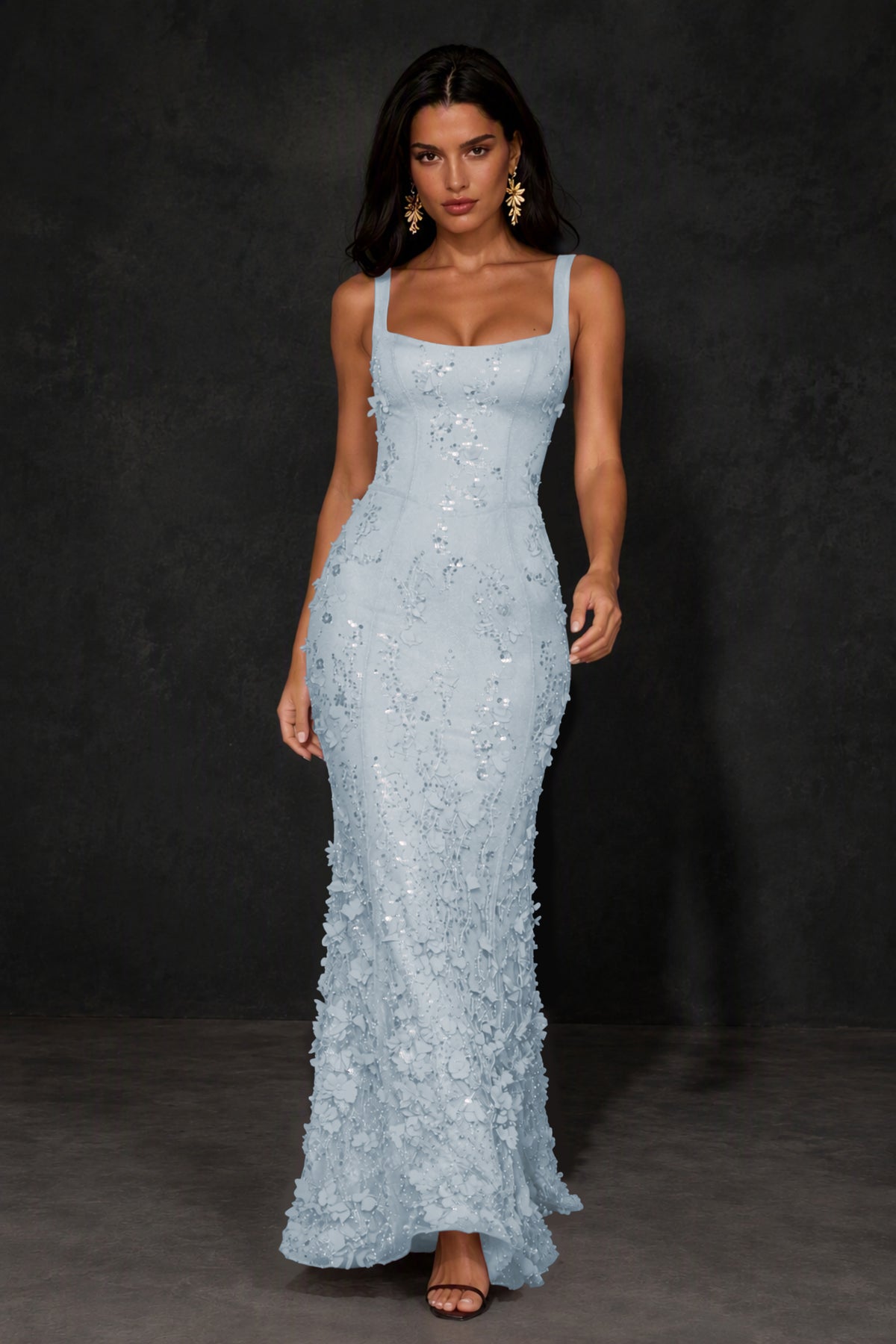 BOLODOO Dusty Blue Sequin 3D Floral Mermaid Maxi Gown – Lace-Up Back Formal Dress - Dusty Blue