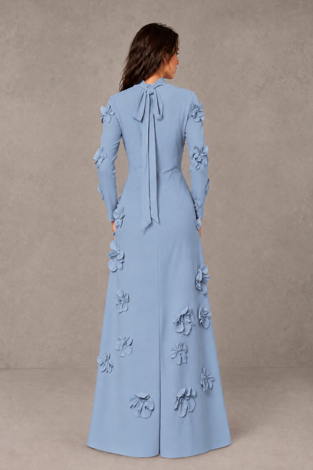 BOLODOO Dusty Blue High Neck Long Sleeve 3D Floral Evening Gown - Dusty Blue