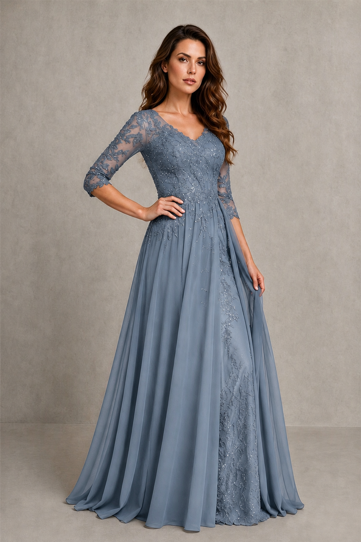 BOLODOO Midnight Dusty Blue Beaded Lace Appliqué Chiffon A-Line Gown | Mother of the Bride & Formal Evening Dress - Dusty Blue - Dusty Blue_3
