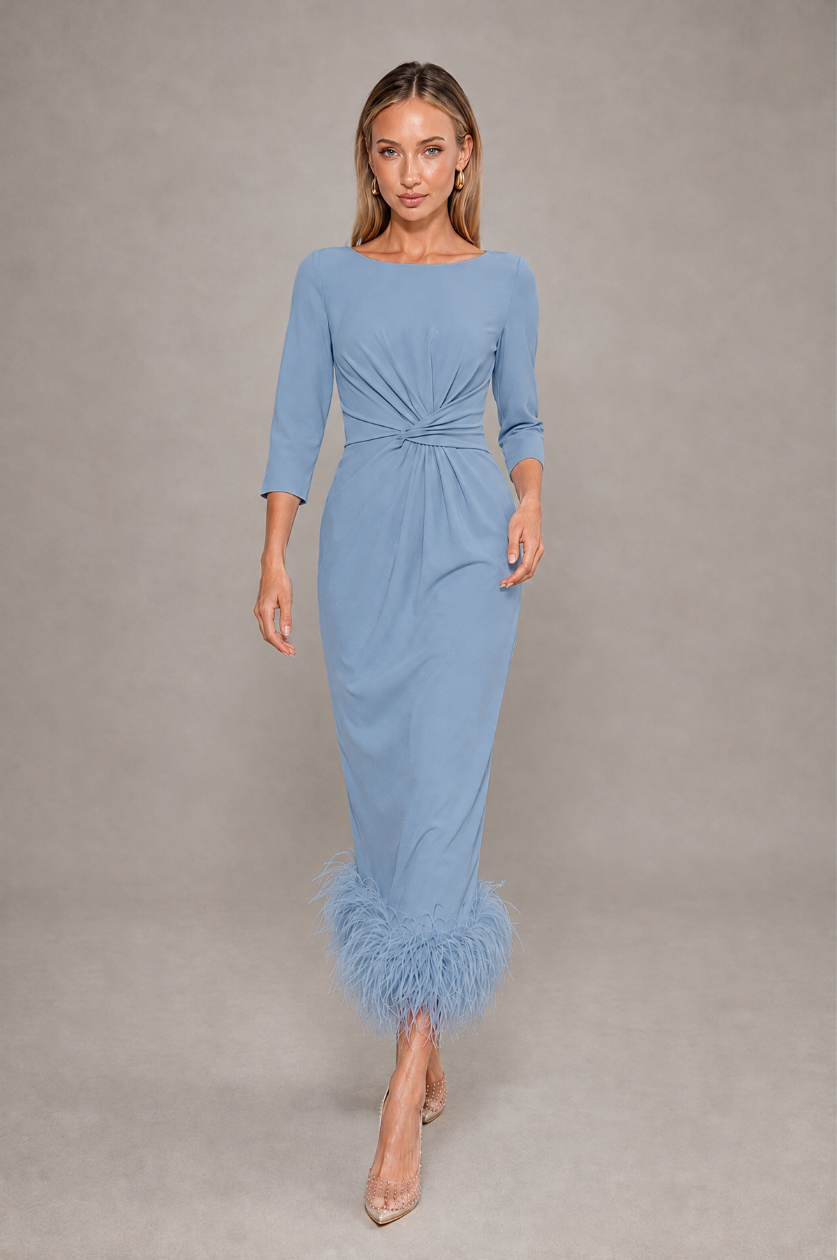 BOLODOO Dusty Blue Feather-Trim Twist-Waist Midi Dress - Dusty Blue - Dusty_Blue_3